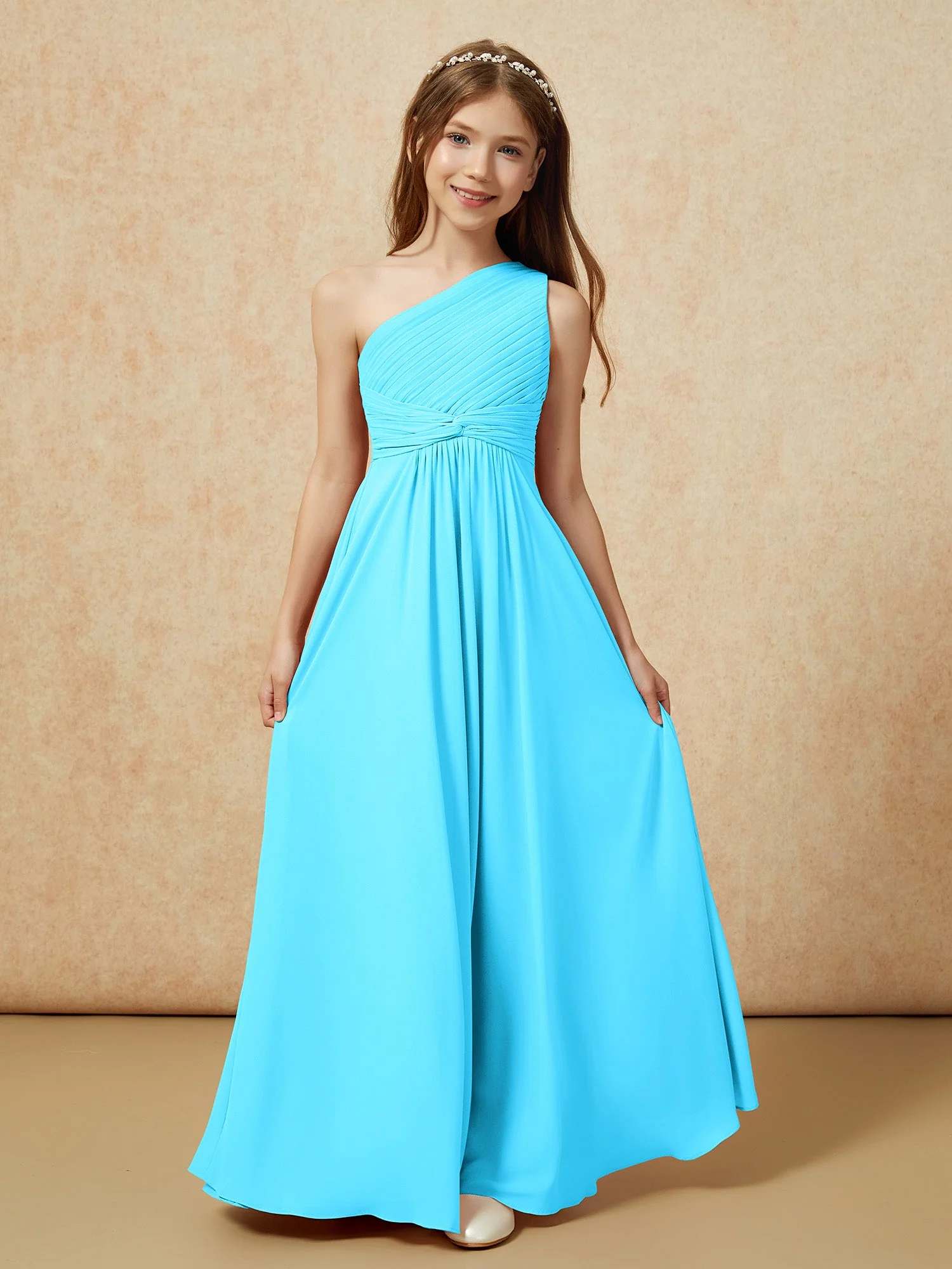 Chiffon Plissee Junge Brautjungfernkleid mit Schulterteil Schwimmbadblau - Image 4
