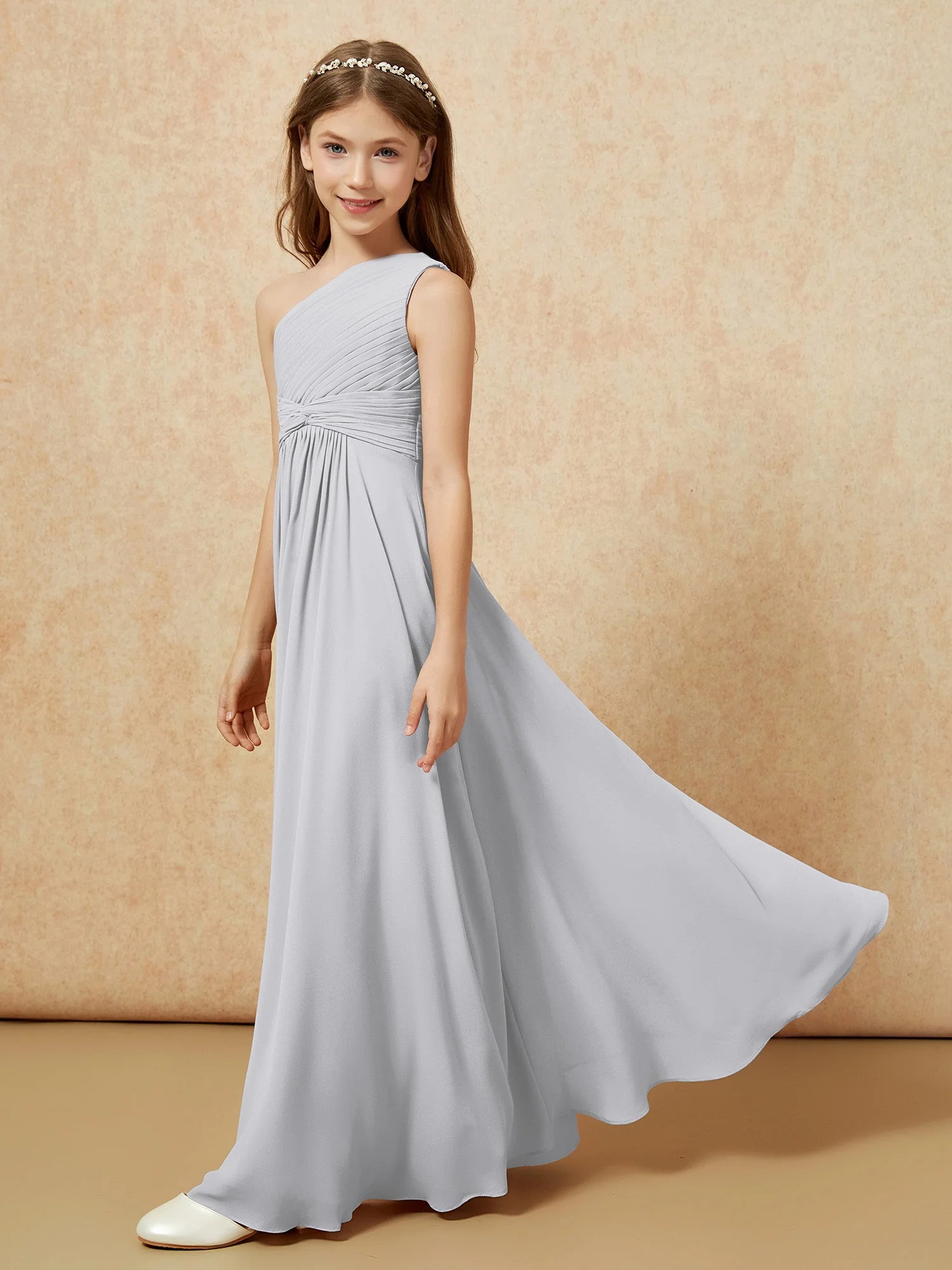 Chiffon Plissee Junge Brautjungfernkleid mit Schulterteil Silber - Image 3