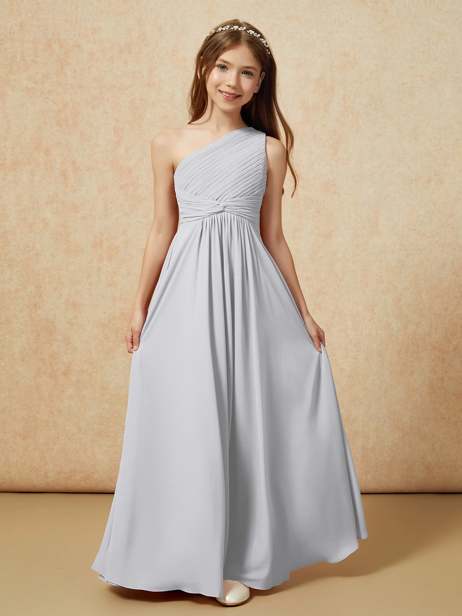 Chiffon Plissee Junge Brautjungfernkleid mit Schulterteil Silber - Image 4