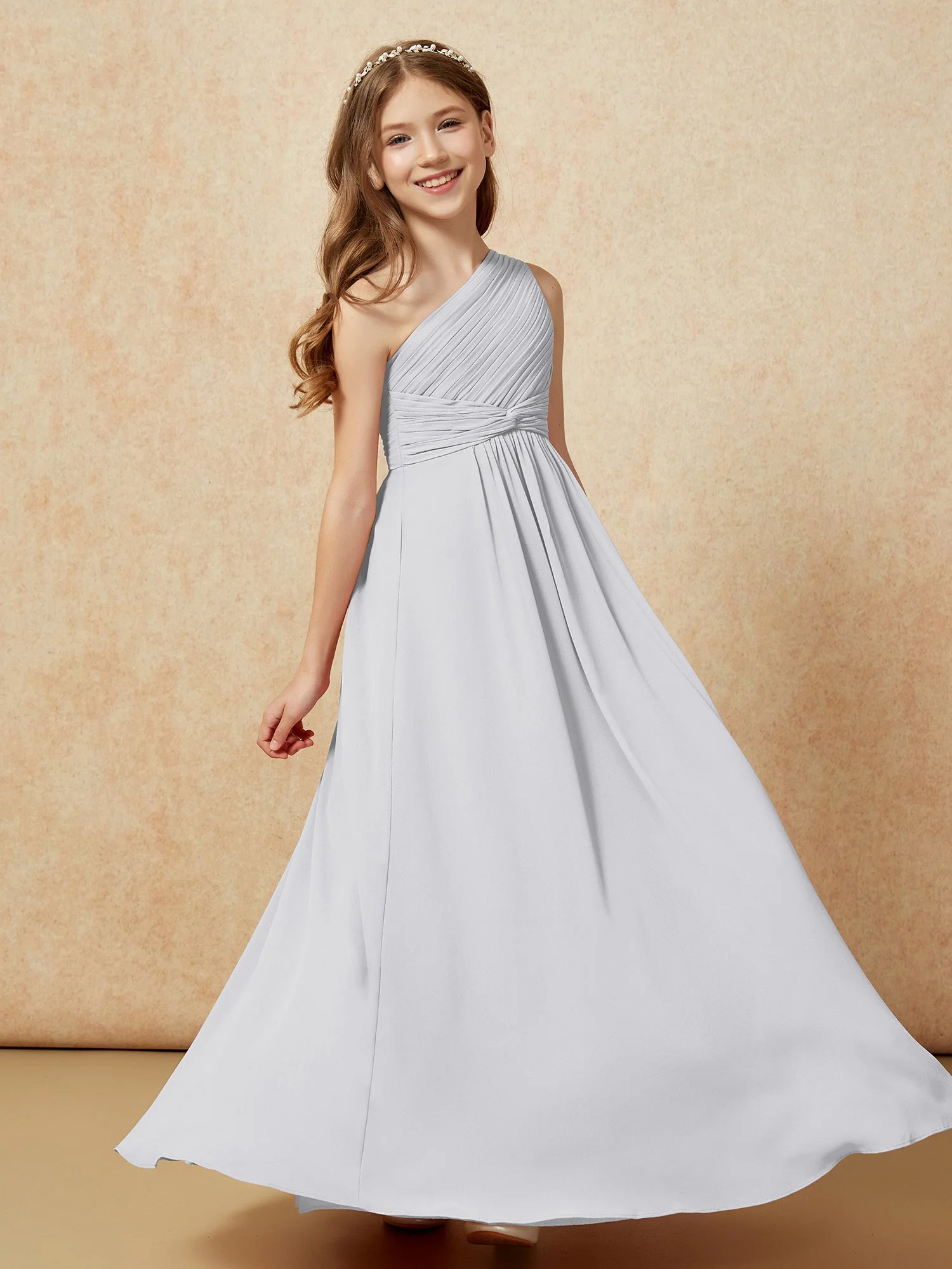 Chiffon Plissee Junge Brautjungfernkleid mit Schulterteil Silber - Image 5