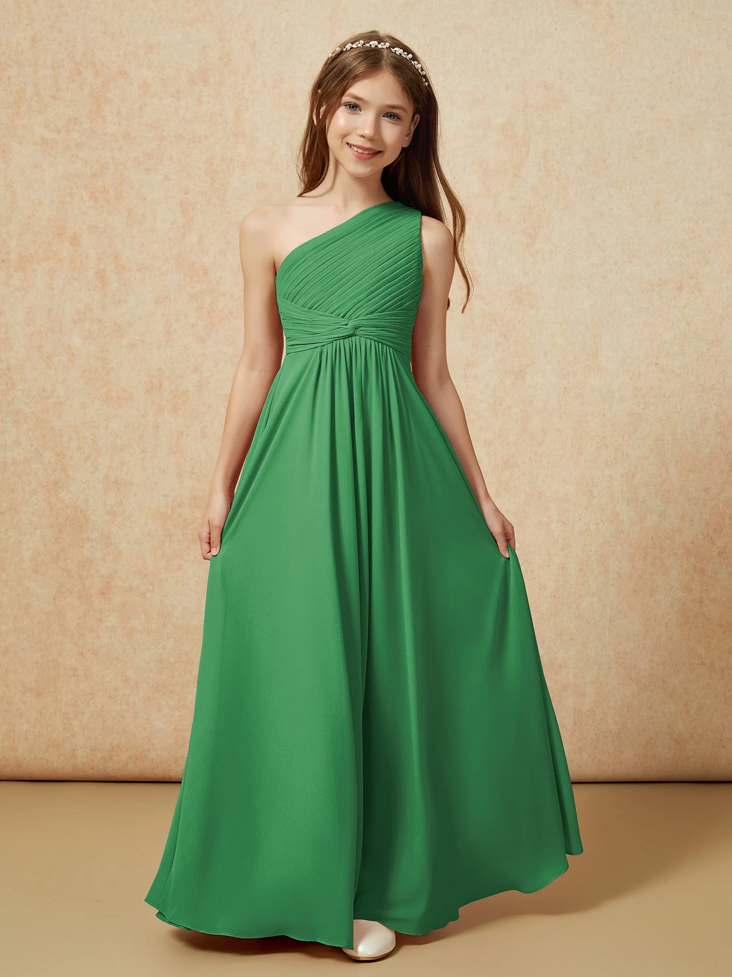 Chiffon Plissee Junge Brautjungfernkleid mit Schulterteil Smaragd - Image 4