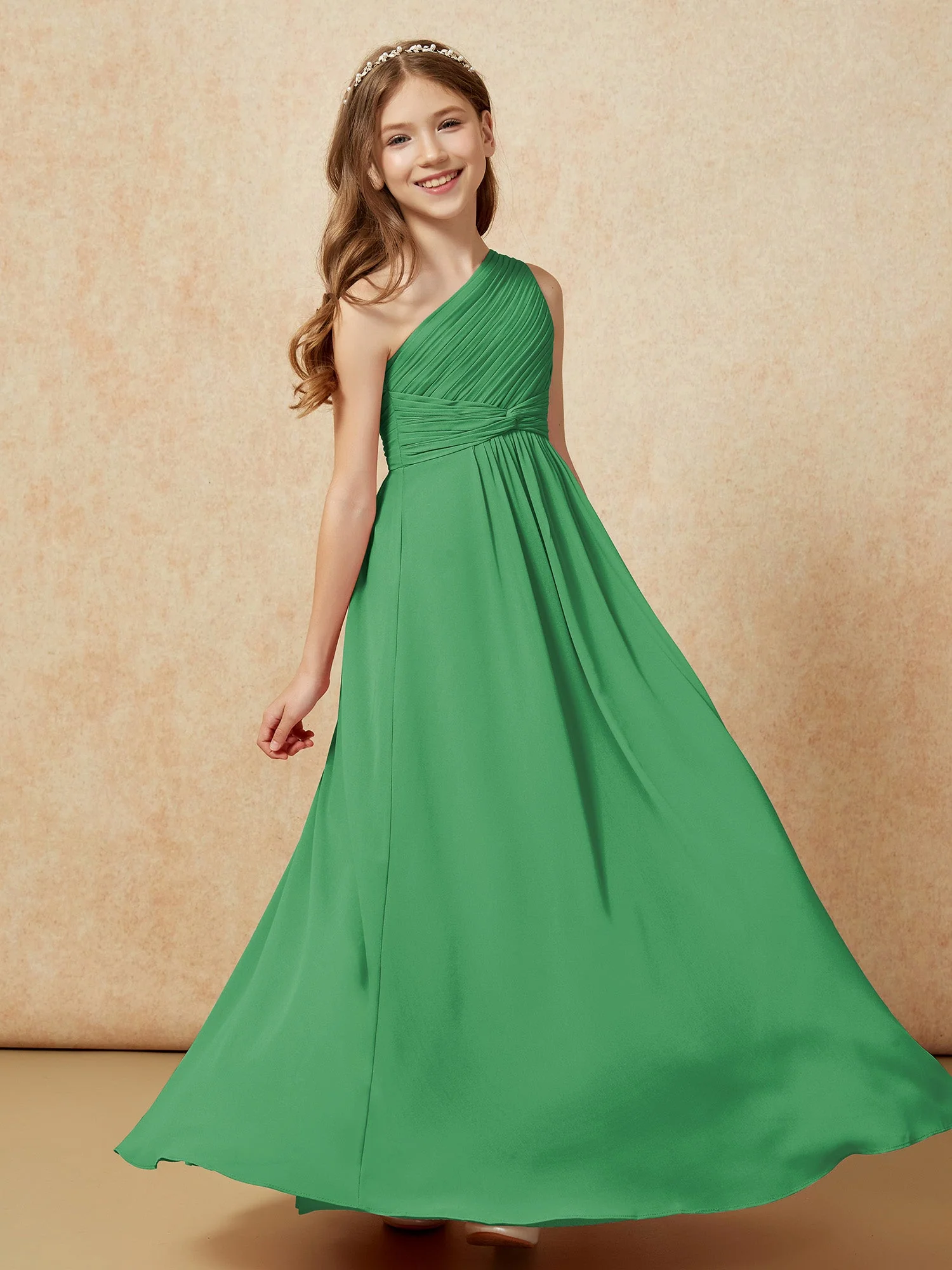 Chiffon Plissee Junge Brautjungfernkleid mit Schulterteil Smaragd - Image 5