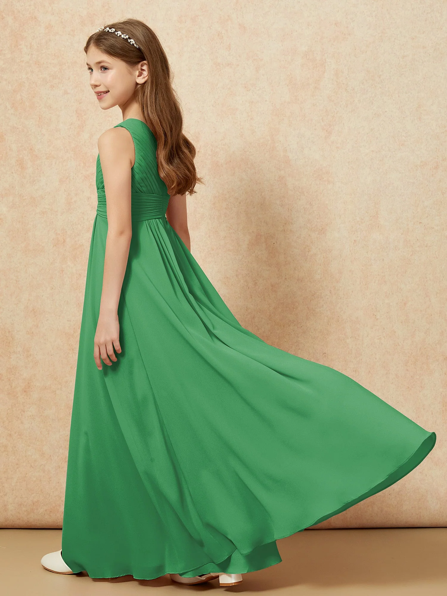 Chiffon Plissee Junge Brautjungfernkleid mit Schulterteil Smaragd - Image 6
