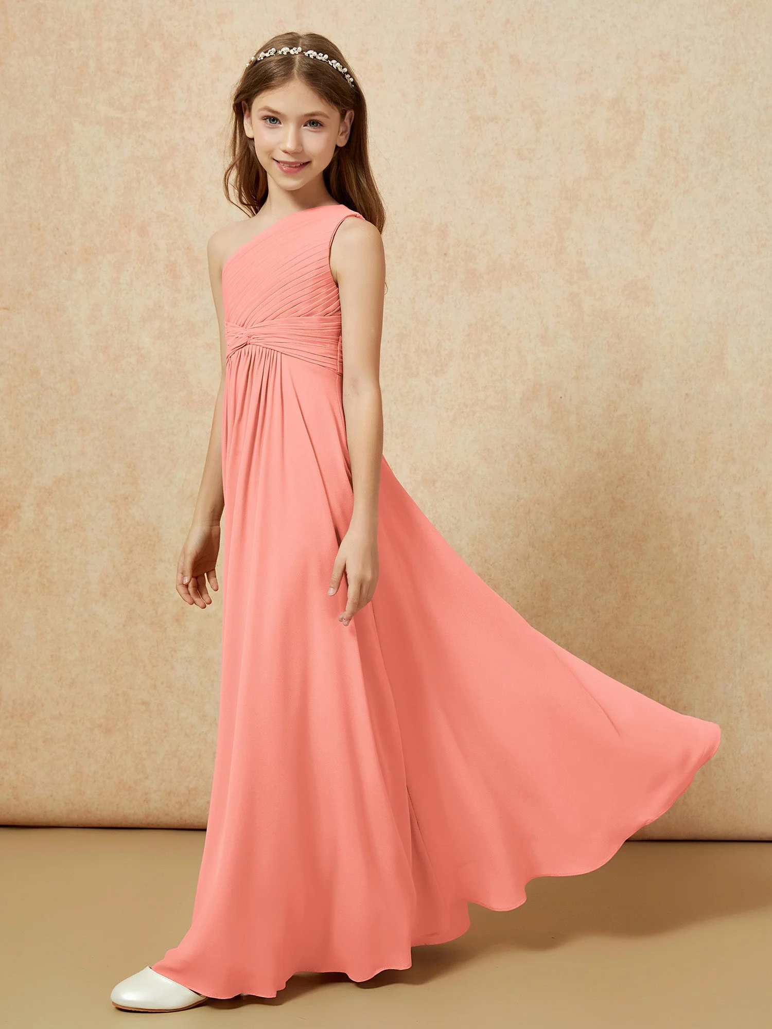 Chiffon Plissee Junge Brautjungfernkleid mit Schulterteil Sonnenuntergang - Image 3