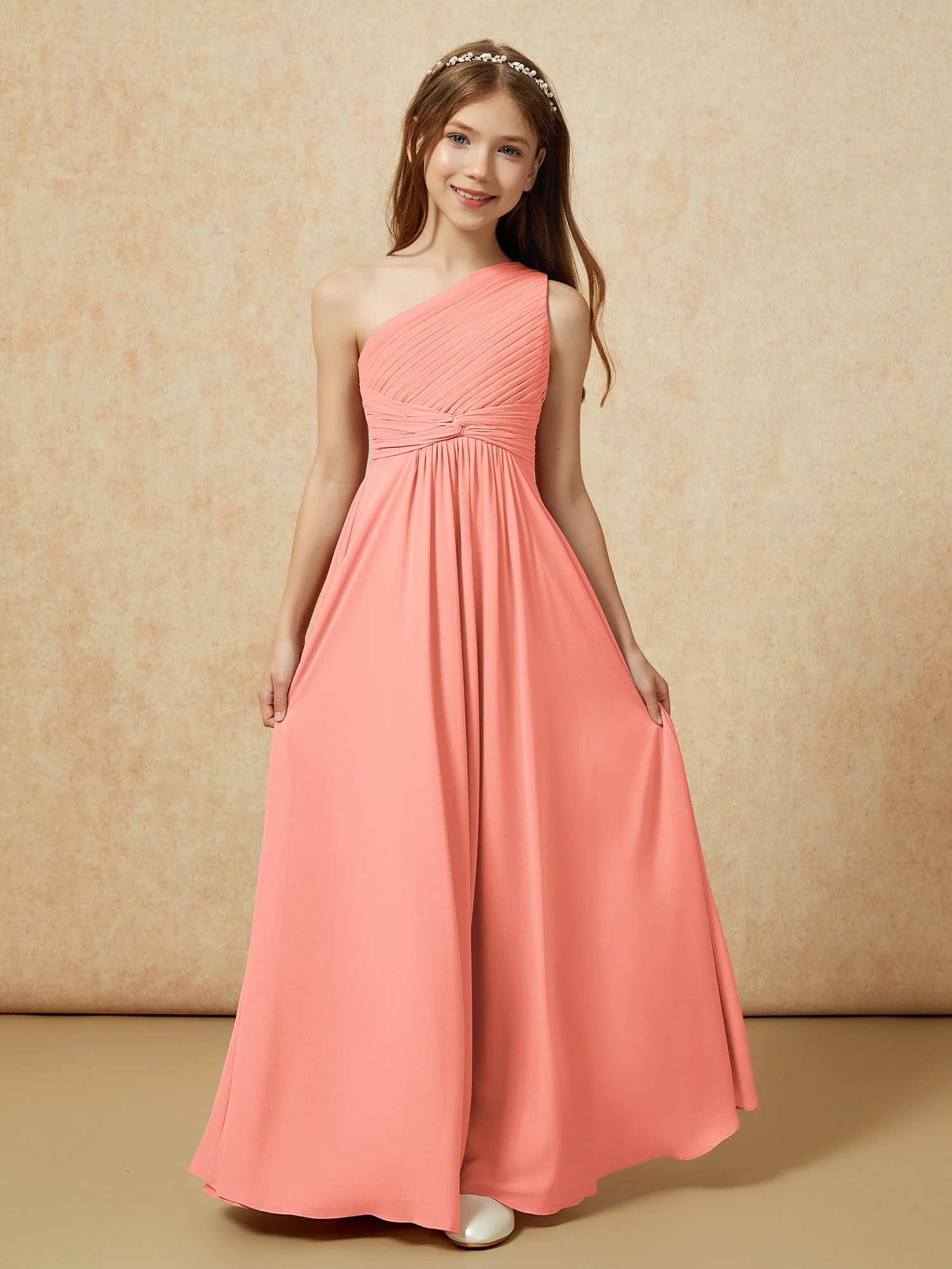Chiffon Plissee Junge Brautjungfernkleid mit Schulterteil Sonnenuntergang - Image 4