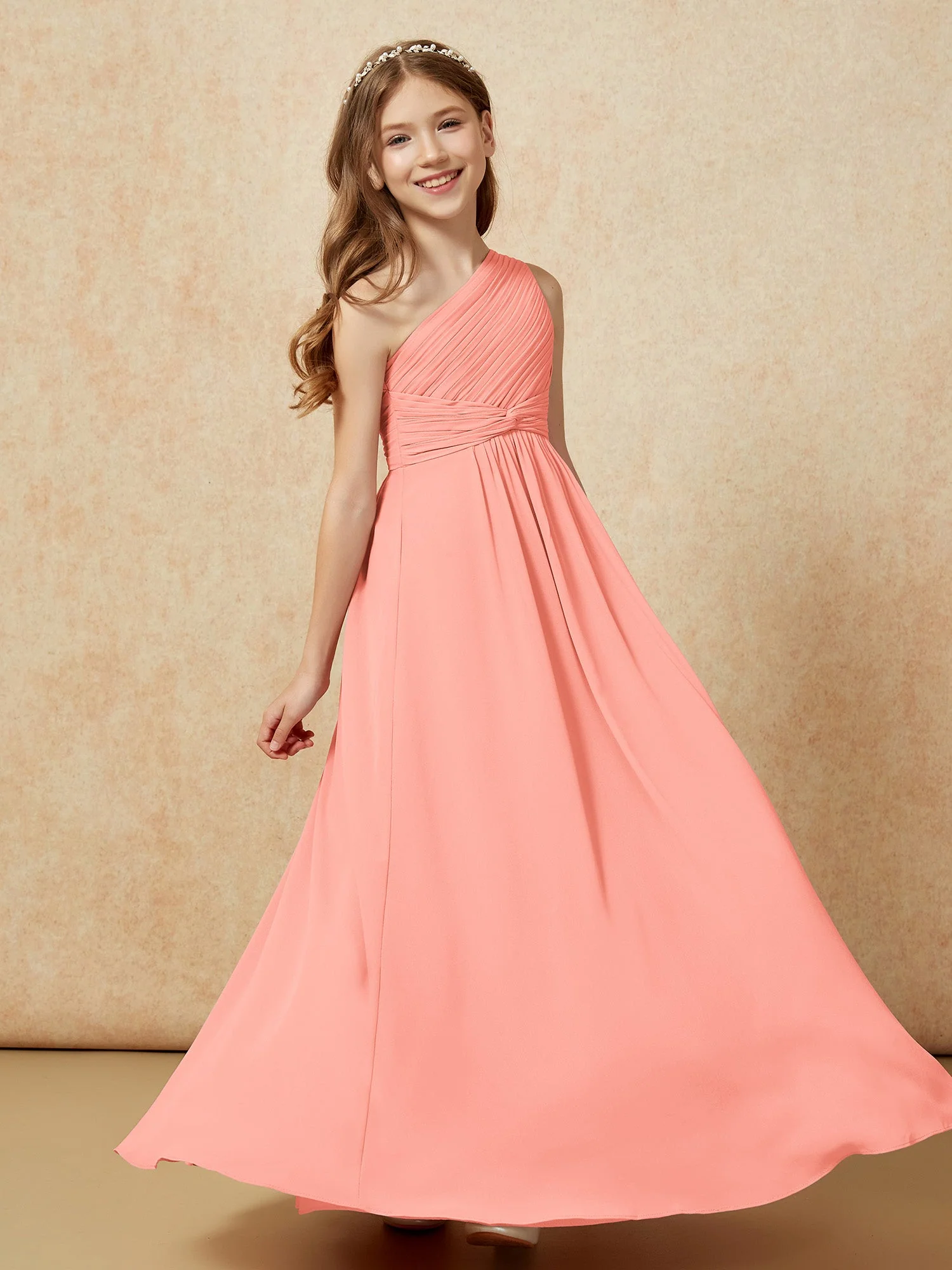 Chiffon Plissee Junge Brautjungfernkleid mit Schulterteil Sonnenuntergang - Image 5