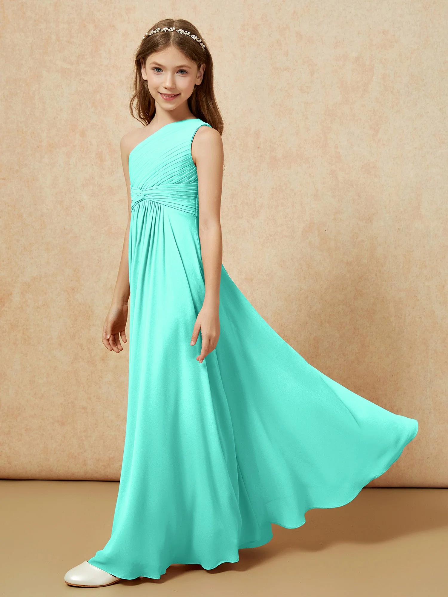 Chiffon Plissee Junge Brautjungfernkleid mit Schulterteil Spa - Image 3