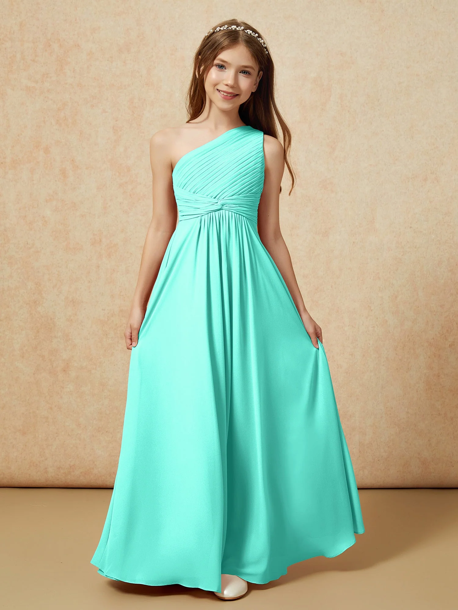 Chiffon Plissee Junge Brautjungfernkleid mit Schulterteil Spa - Image 4