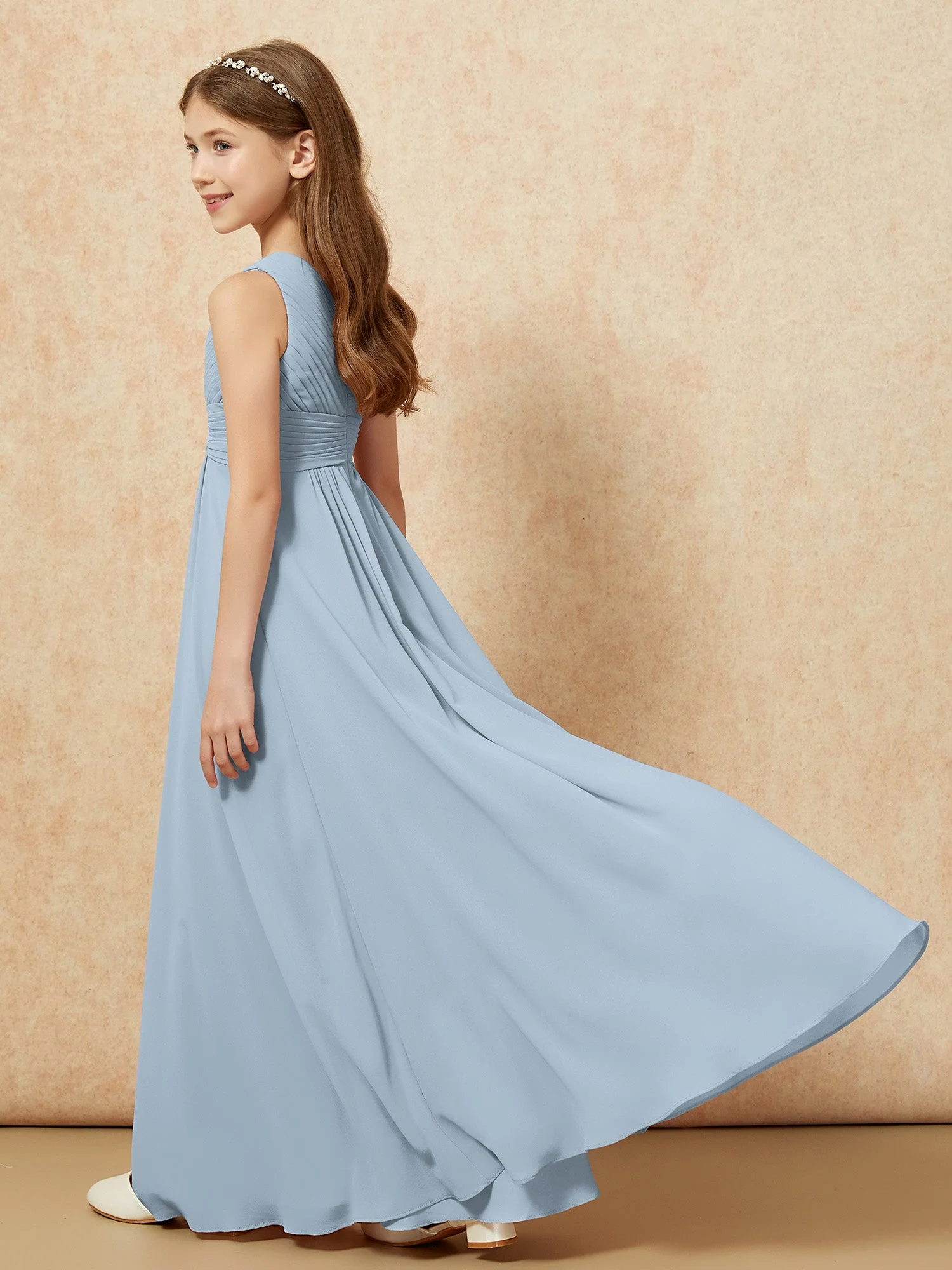 Chiffon Plissee Junge Brautjungfernkleid mit Schulterteil Staubiges Blau - Image 6