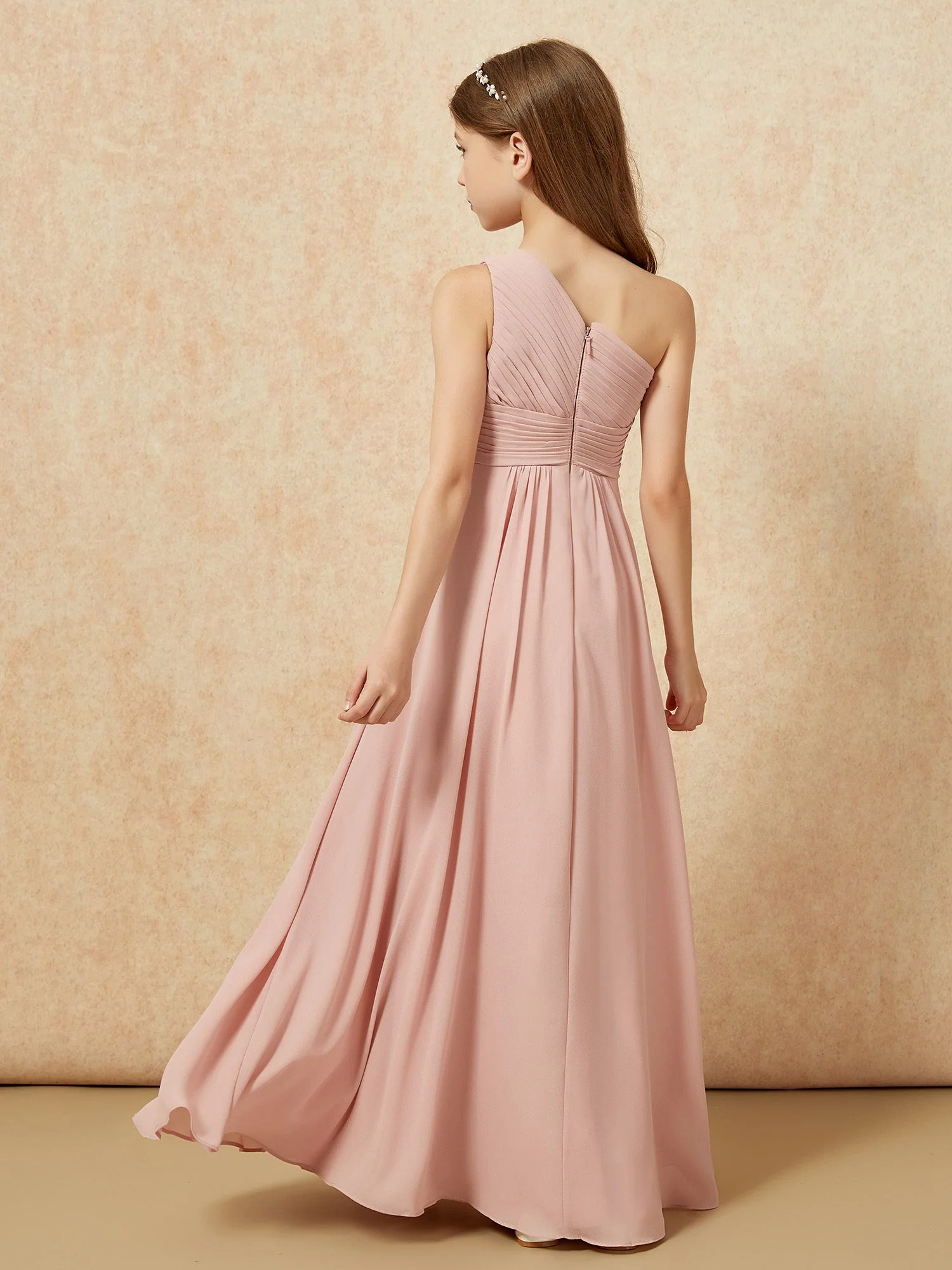 Chiffon Plissee Junge Brautjungfernkleid mit Schulterteil Staubiges Rosa - Image 2