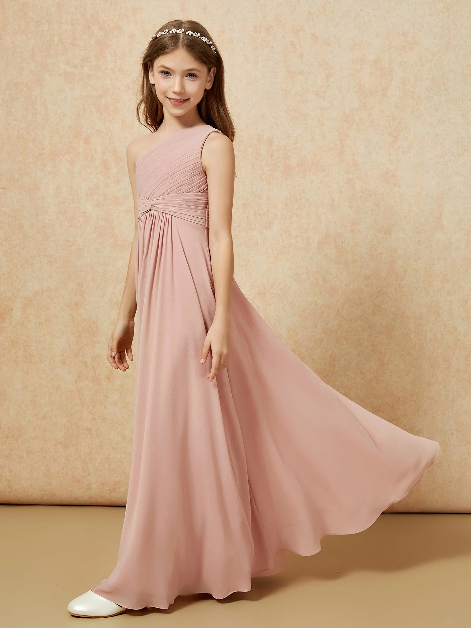 Chiffon Plissee Junge Brautjungfernkleid mit Schulterteil Staubiges Rosa - Image 3