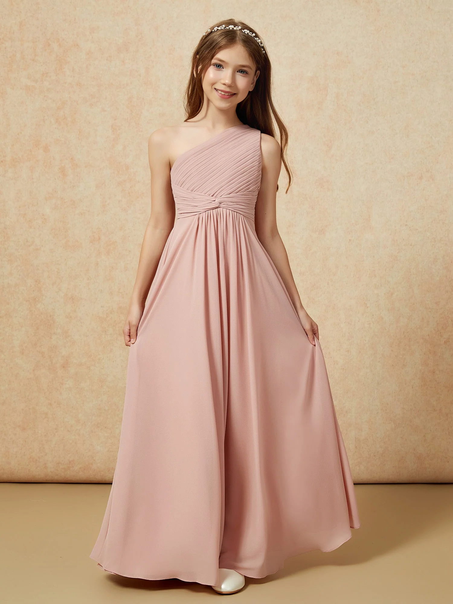 Chiffon Plissee Junge Brautjungfernkleid mit Schulterteil Staubiges Rosa - Image 4
