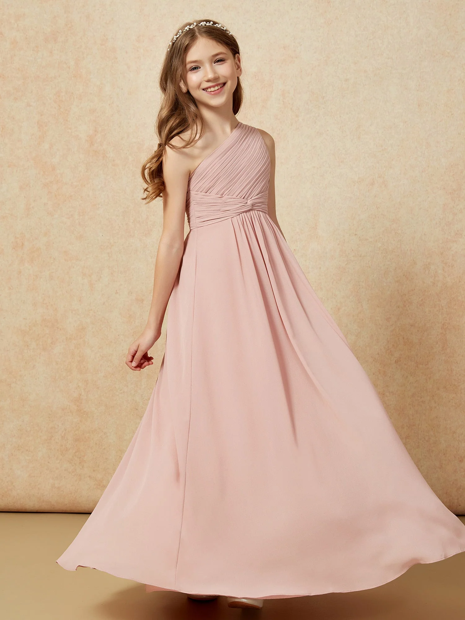 Chiffon Plissee Junge Brautjungfernkleid mit Schulterteil Staubiges Rosa - Image 5