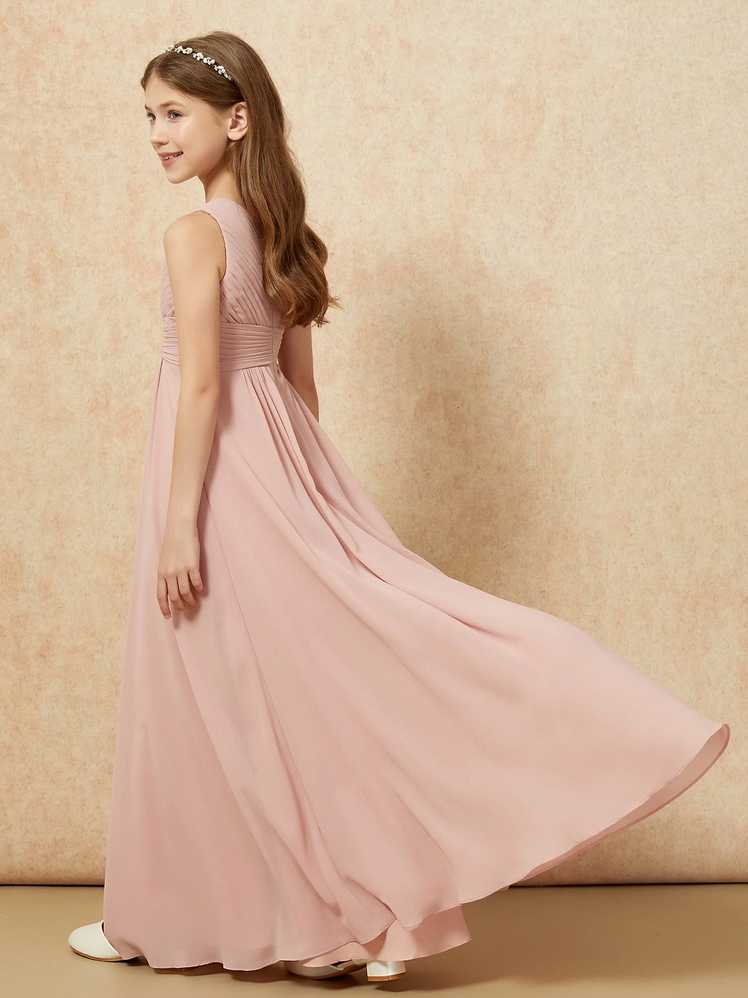 Chiffon Plissee Junge Brautjungfernkleid mit Schulterteil Staubiges Rosa - Image 6