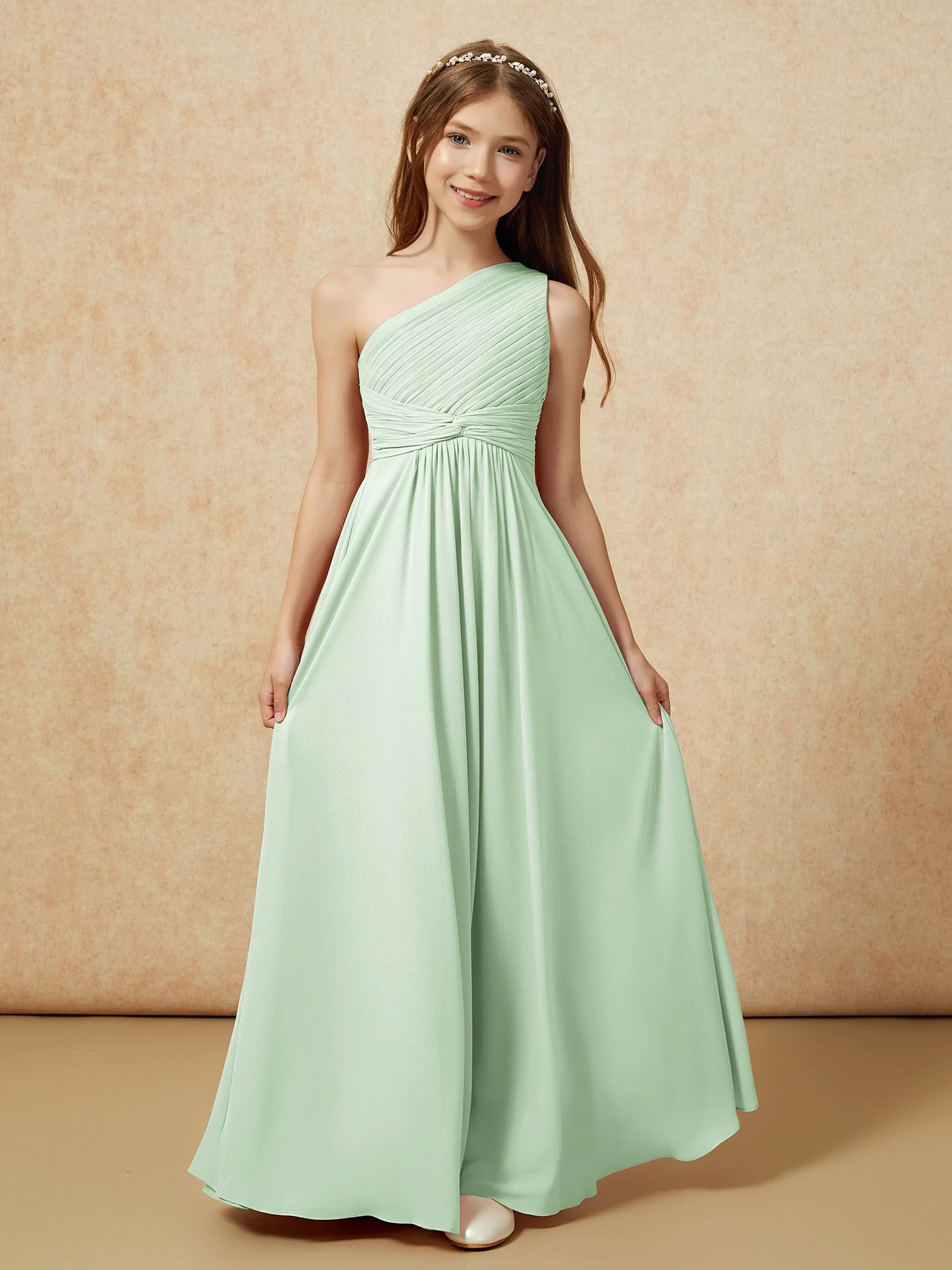 Chiffon Plissee Junge Brautjungfernkleid mit Schulterteil Staubiges Salbei - Image 4
