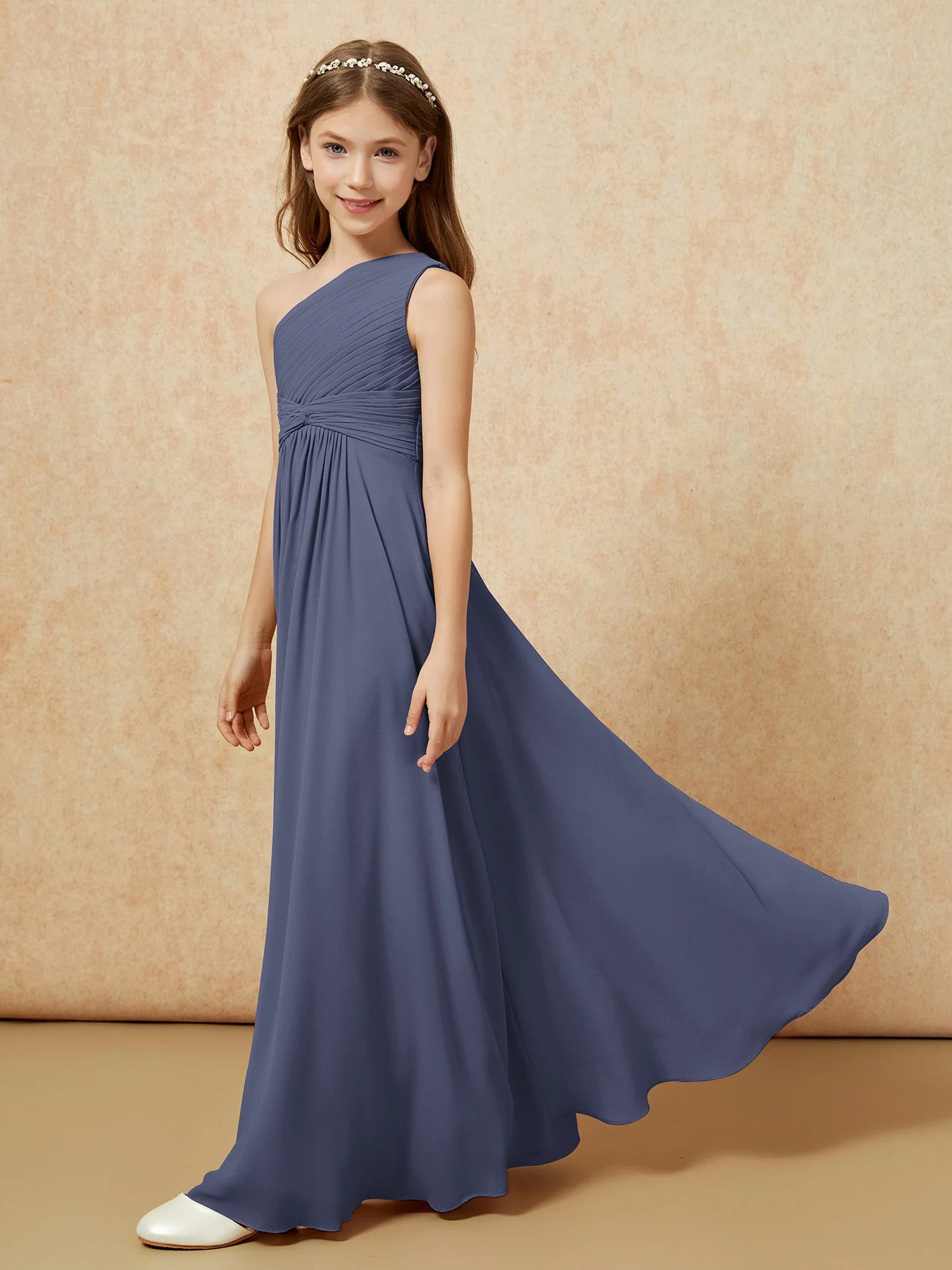 Chiffon Plissee Junge Brautjungfernkleid mit Schulterteil Sturm - Image 3