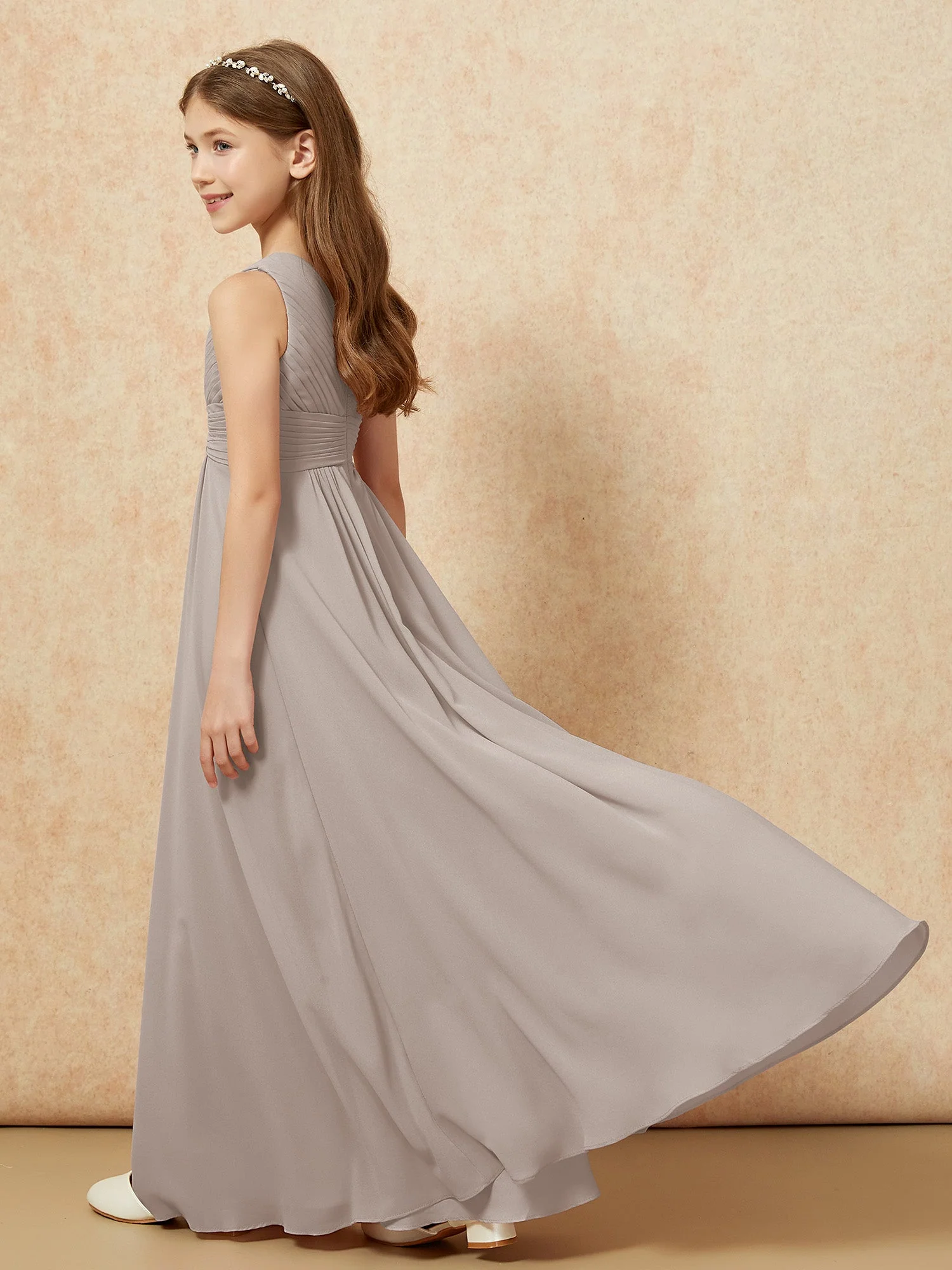 Chiffon Plissee Junge Brautjungfernkleid mit Schulterteil Taupe - Image 6