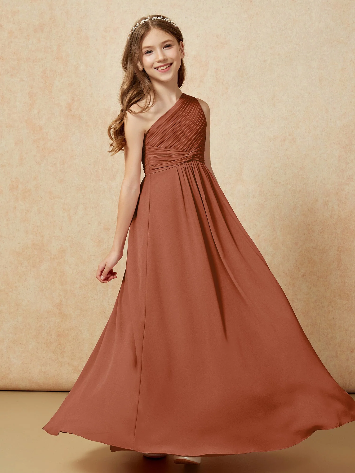 Chiffon Plissee Junge Brautjungfernkleid mit Schulterteil Terrakotta - Image 5