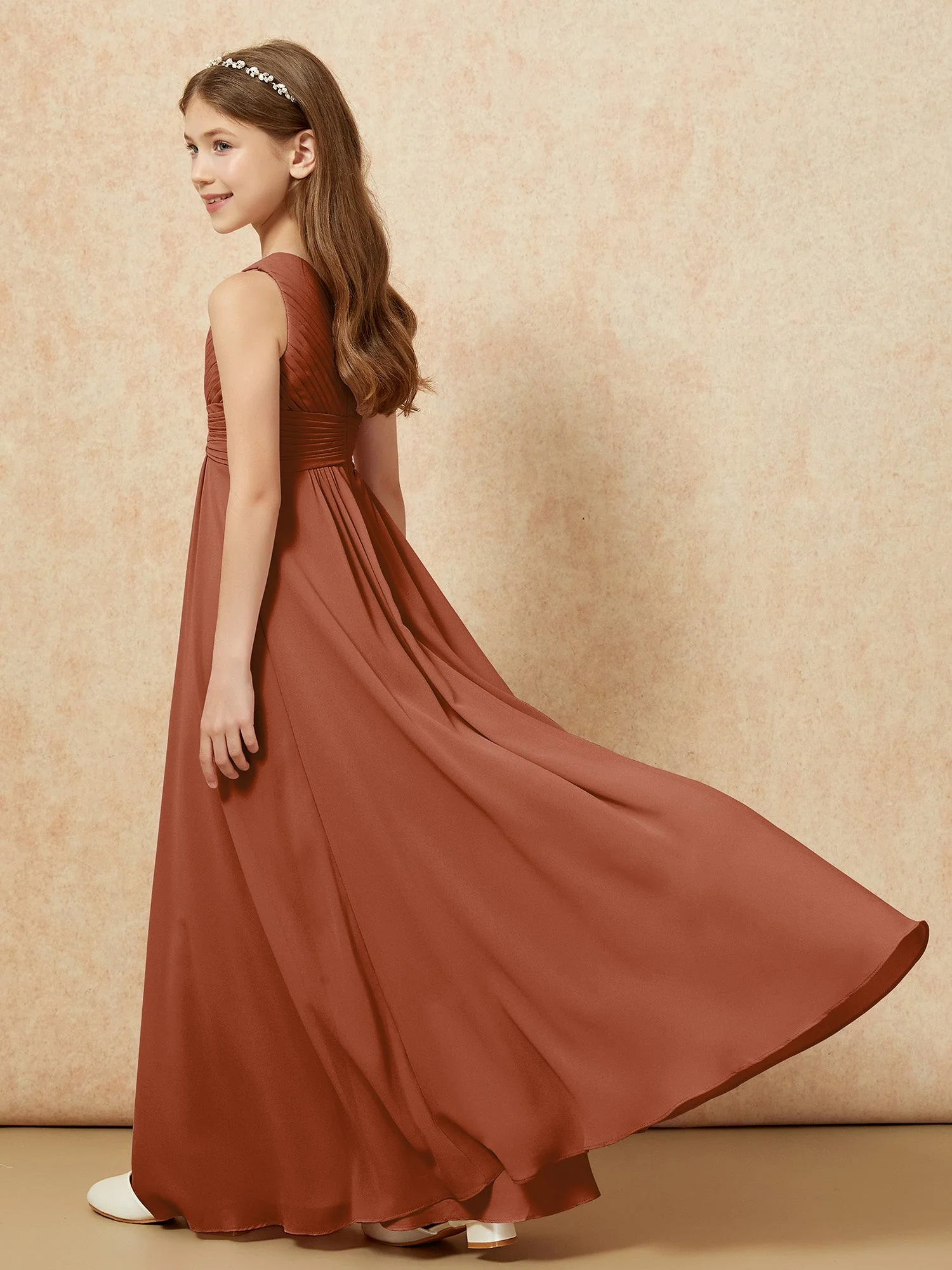 Chiffon Plissee Junge Brautjungfernkleid mit Schulterteil Terrakotta - Image 6