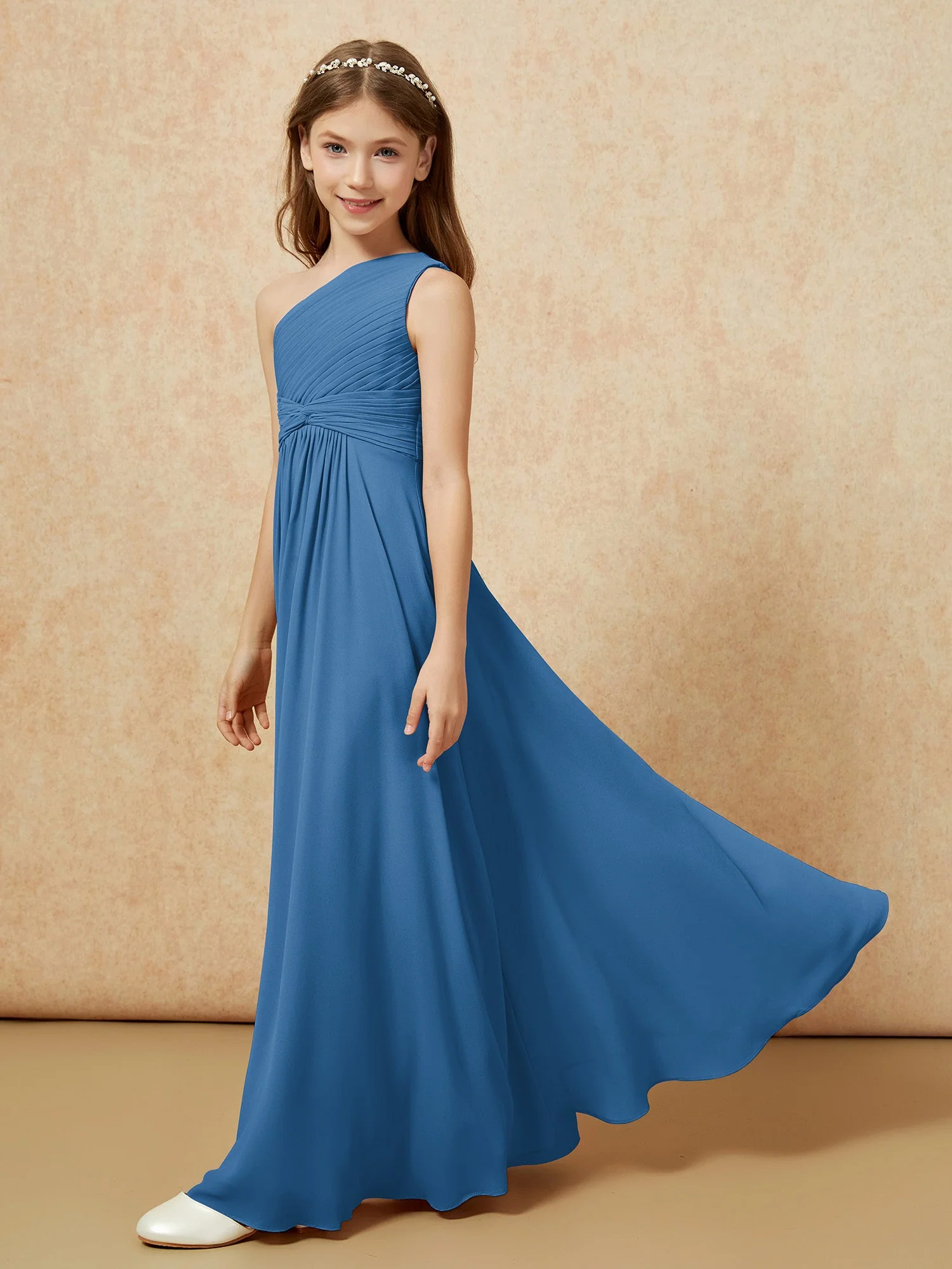 Chiffon Plissee Junge Brautjungfernkleid mit Schulterteil Tinte Blau - Image 3