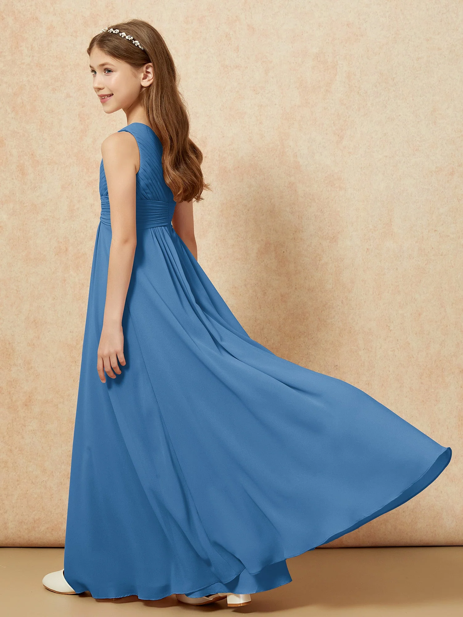 Chiffon Plissee Junge Brautjungfernkleid mit Schulterteil Tinte Blau - Image 6