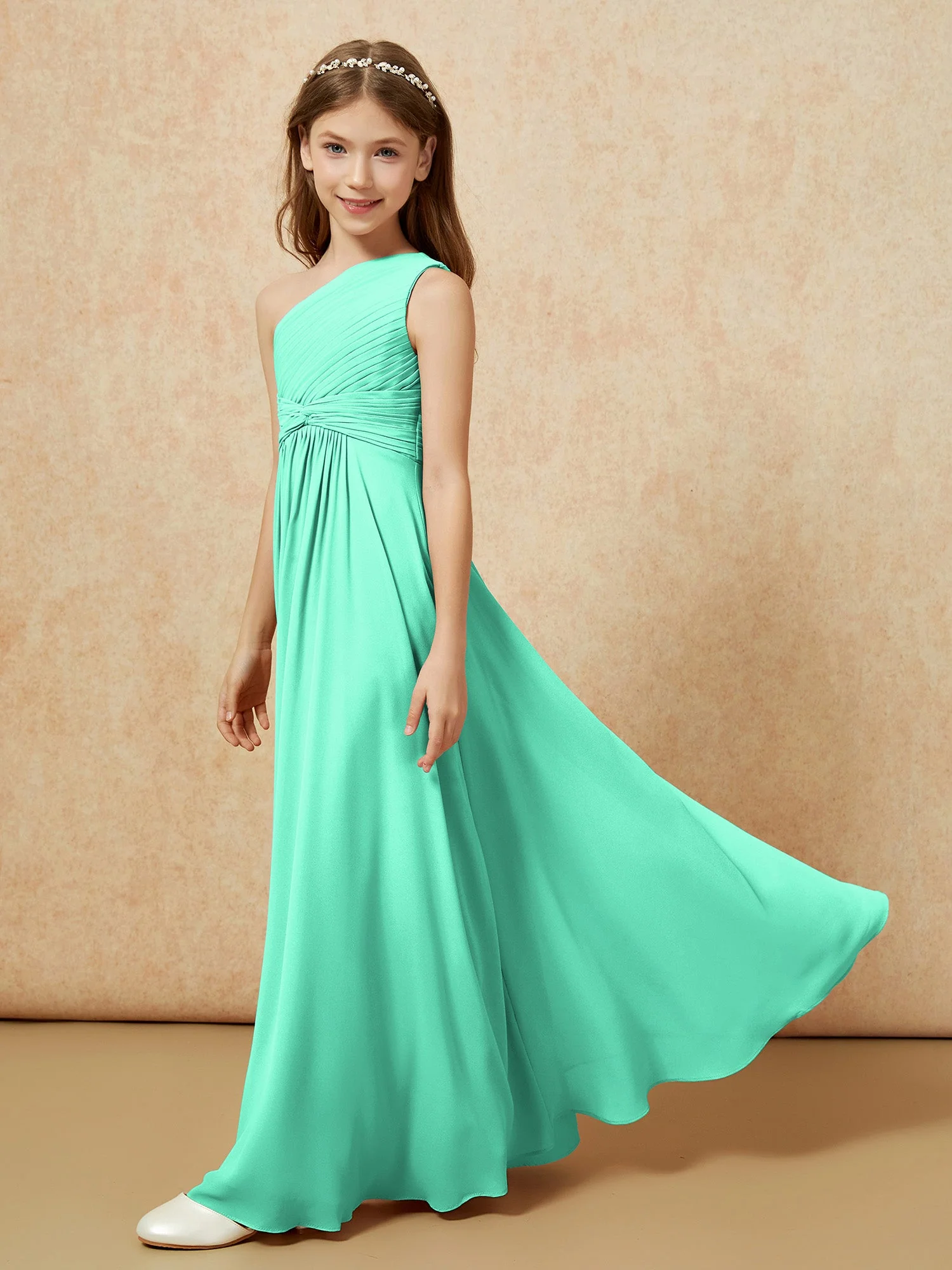 Chiffon Plissee Junge Brautjungfernkleid mit Schulterteil Türkis - Image 3