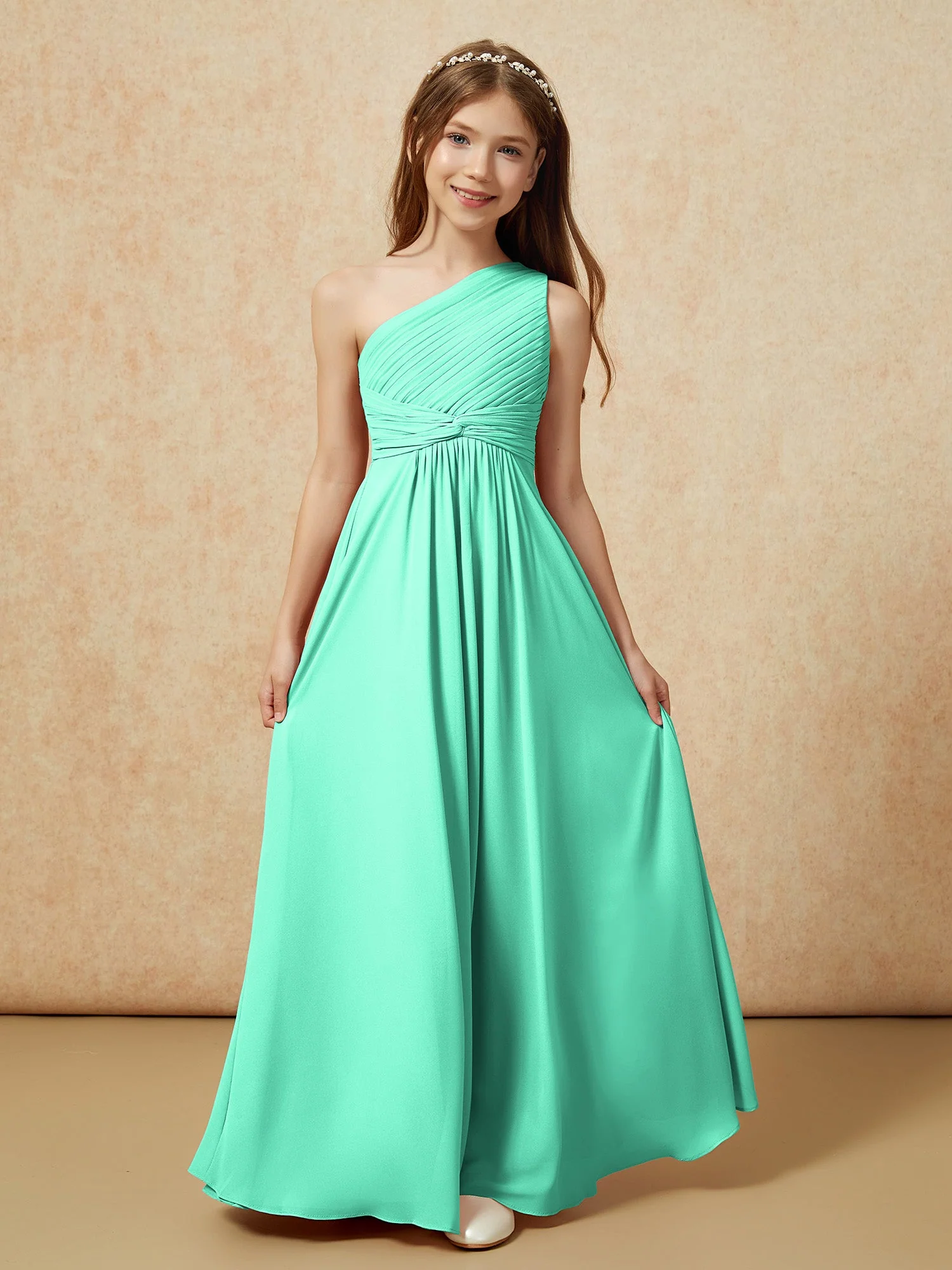 Chiffon Plissee Junge Brautjungfernkleid mit Schulterteil Türkis - Image 4