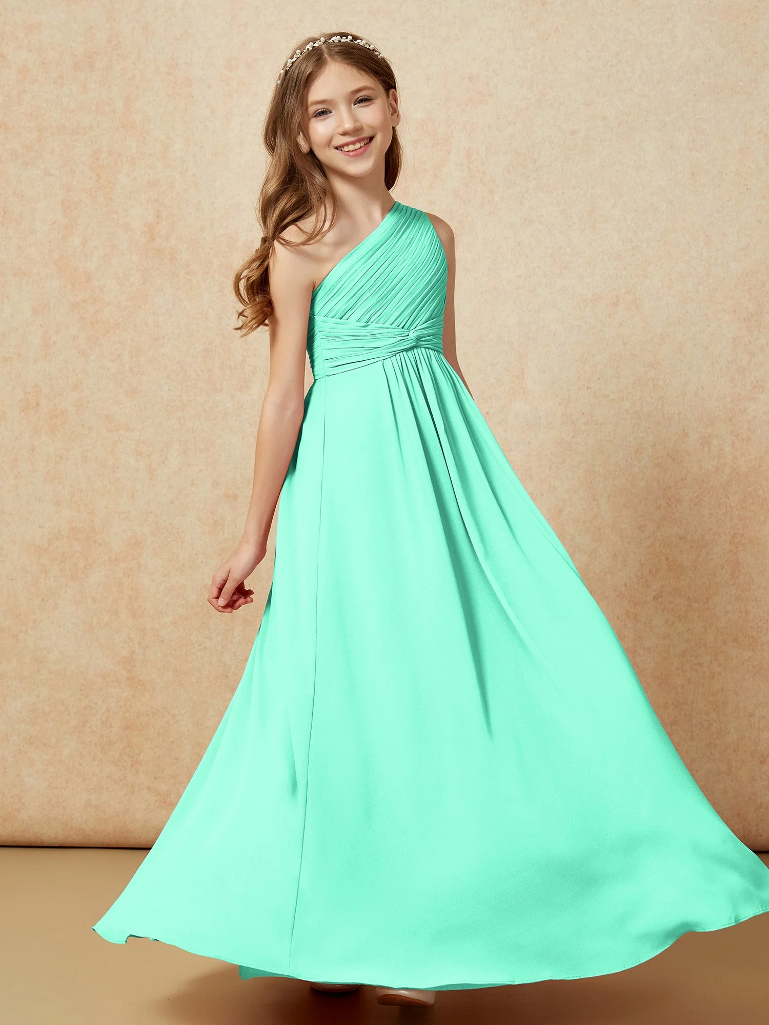Chiffon Plissee Junge Brautjungfernkleid mit Schulterteil Türkis - Image 5