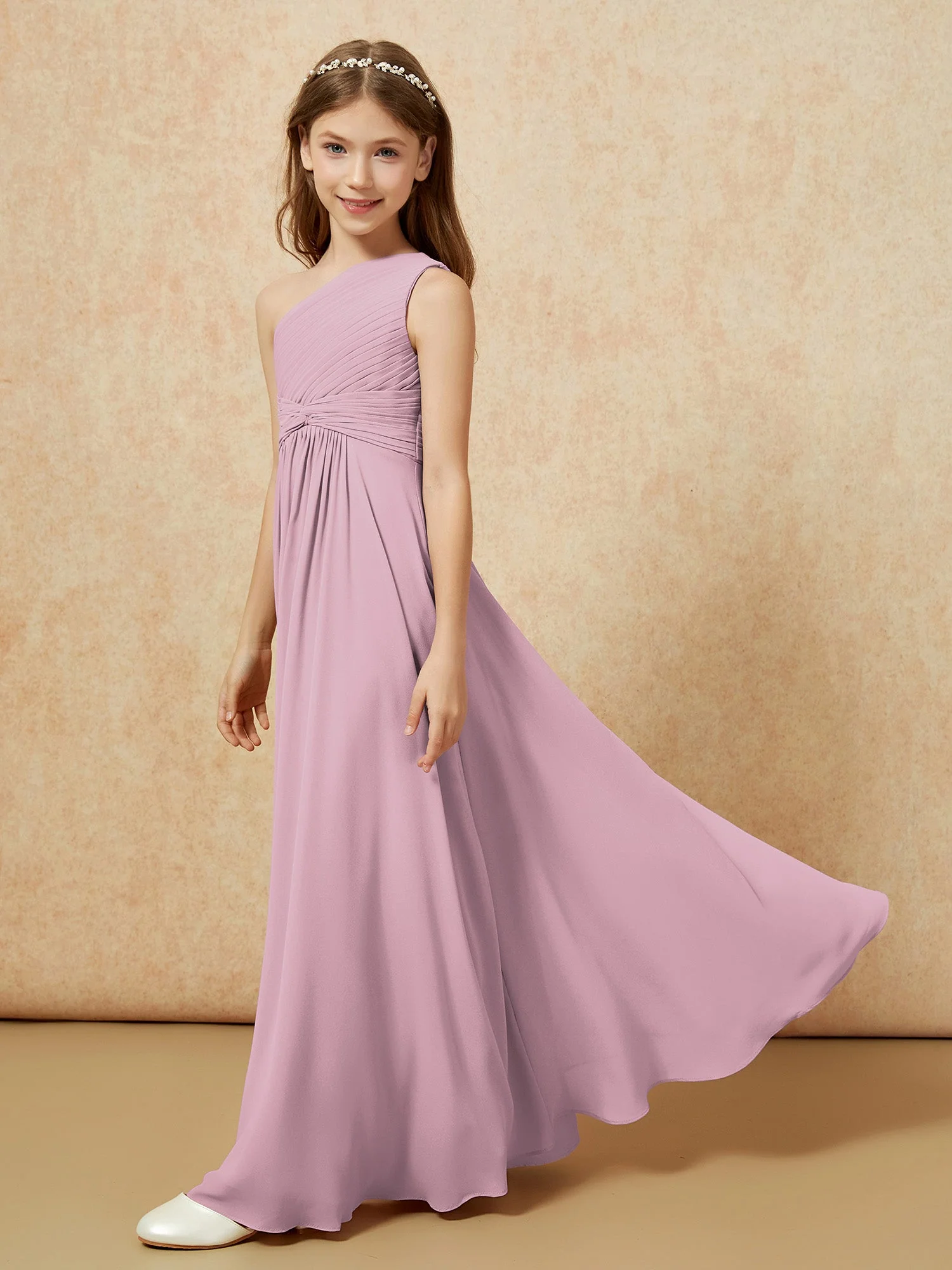 Chiffon Plissee Junge Brautjungfernkleid mit Schulterteil Vintage Mauve - Image 3