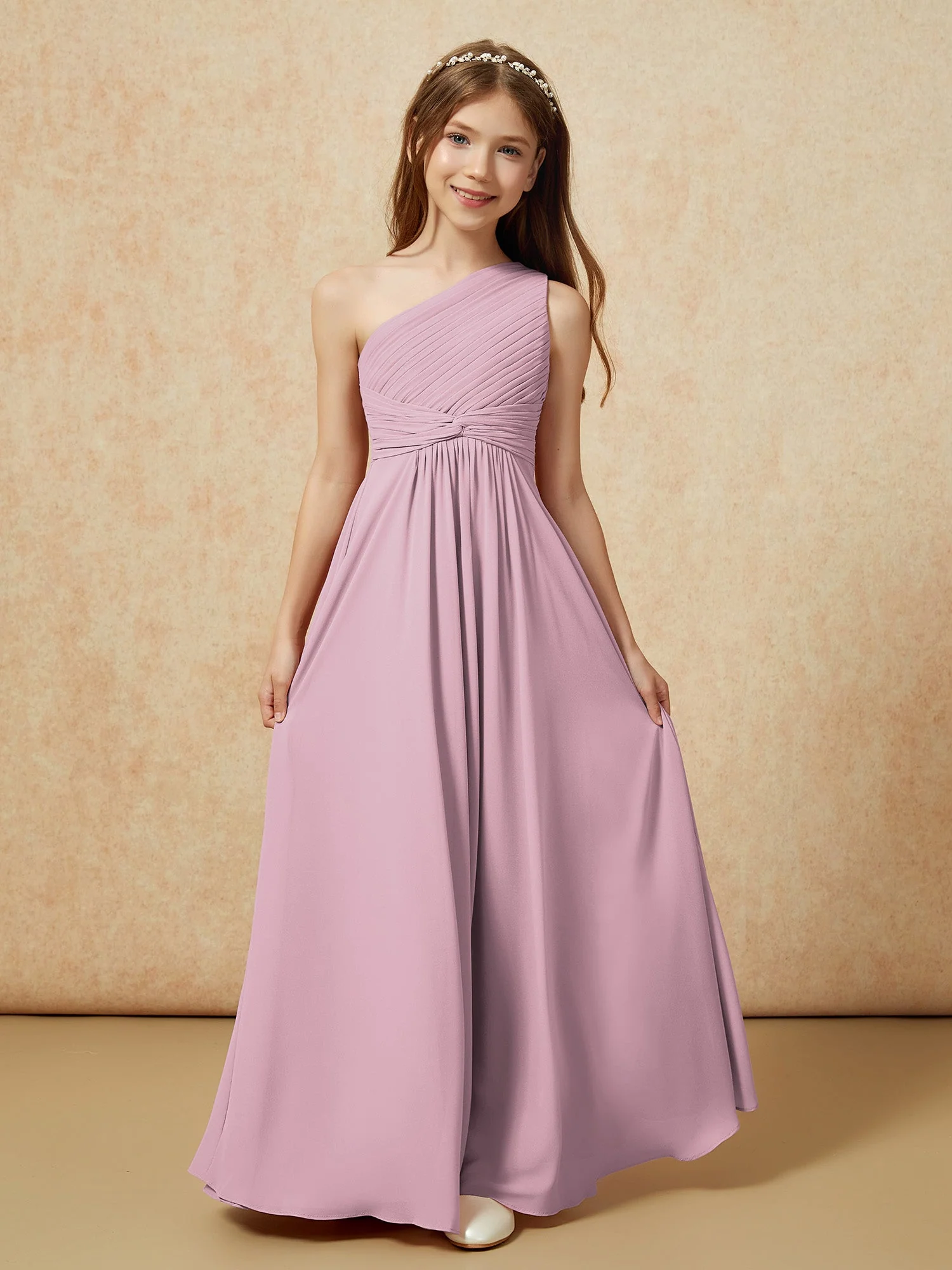 Chiffon Plissee Junge Brautjungfernkleid mit Schulterteil Vintage Mauve - Image 4