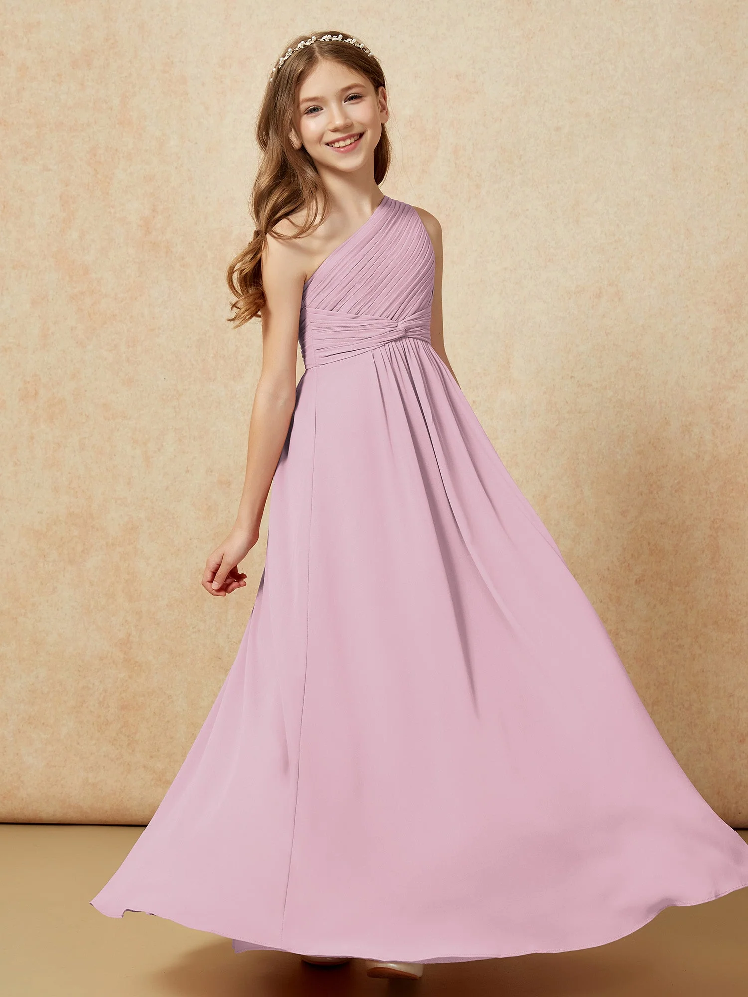 Chiffon Plissee Junge Brautjungfernkleid mit Schulterteil Vintage Mauve - Image 5