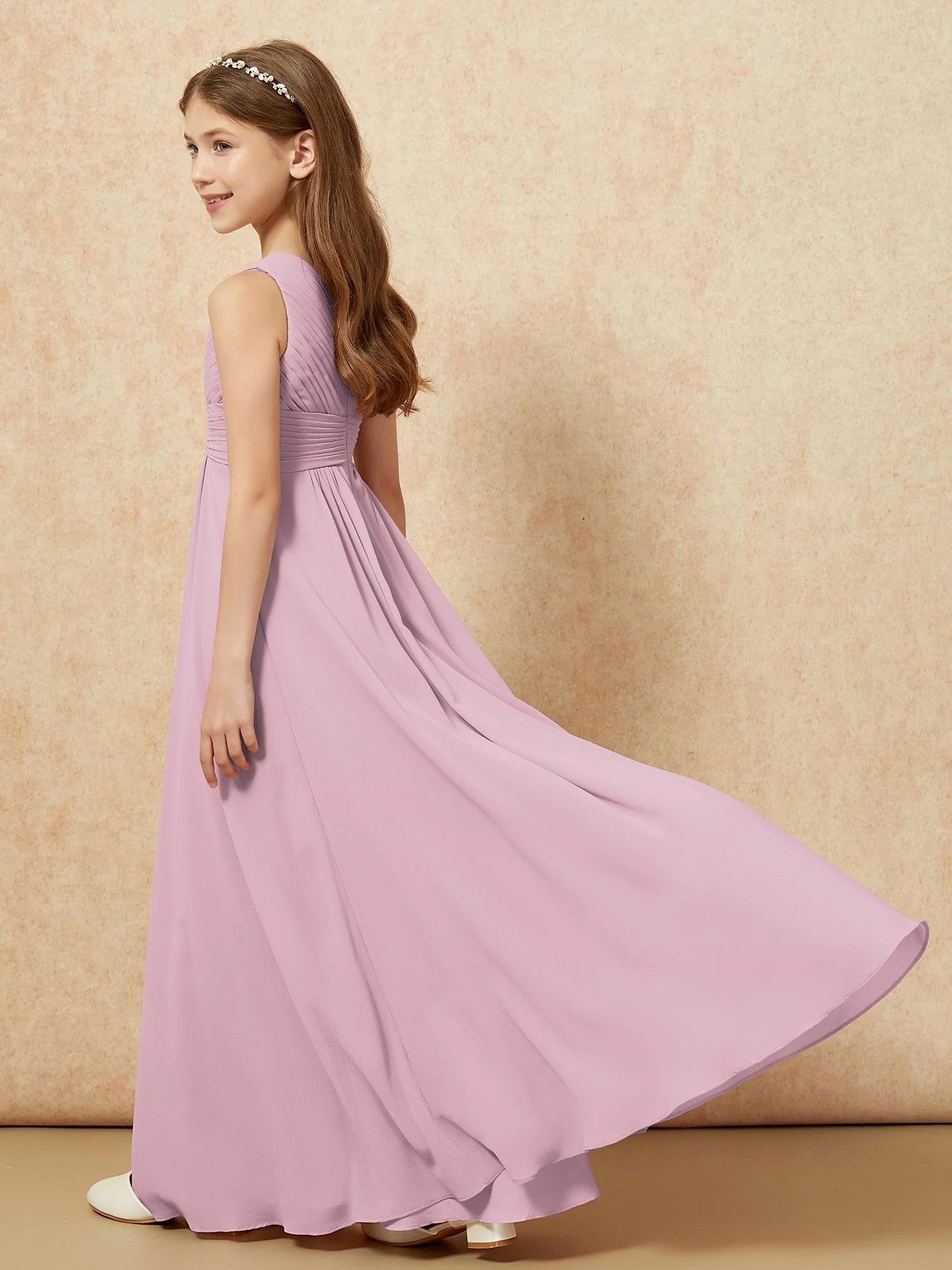 Chiffon Plissee Junge Brautjungfernkleid mit Schulterteil Vintage Mauve - Image 6