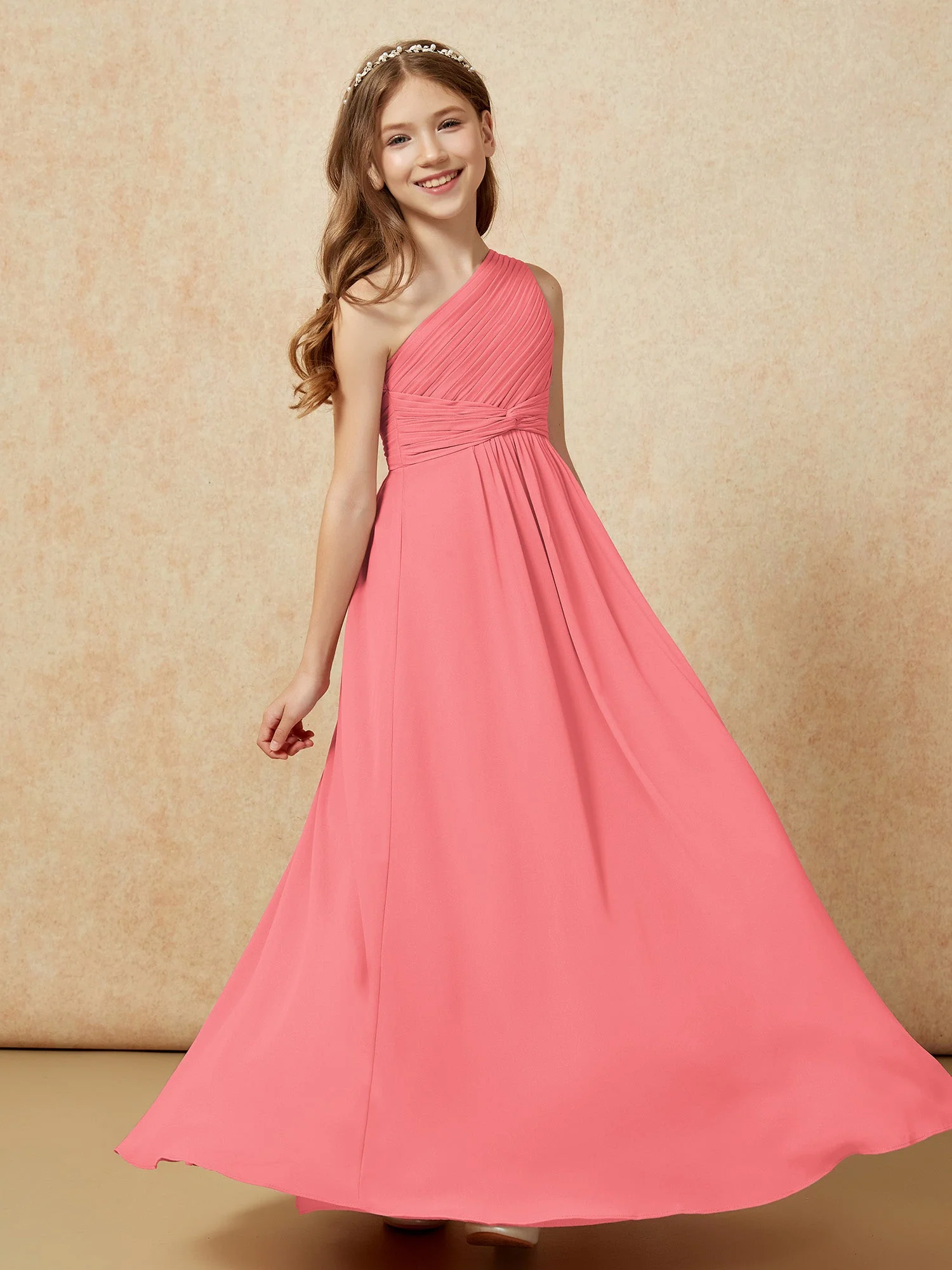 Chiffon Plissee Junge Brautjungfernkleid mit Schulterteil Wassermelone - Image 5