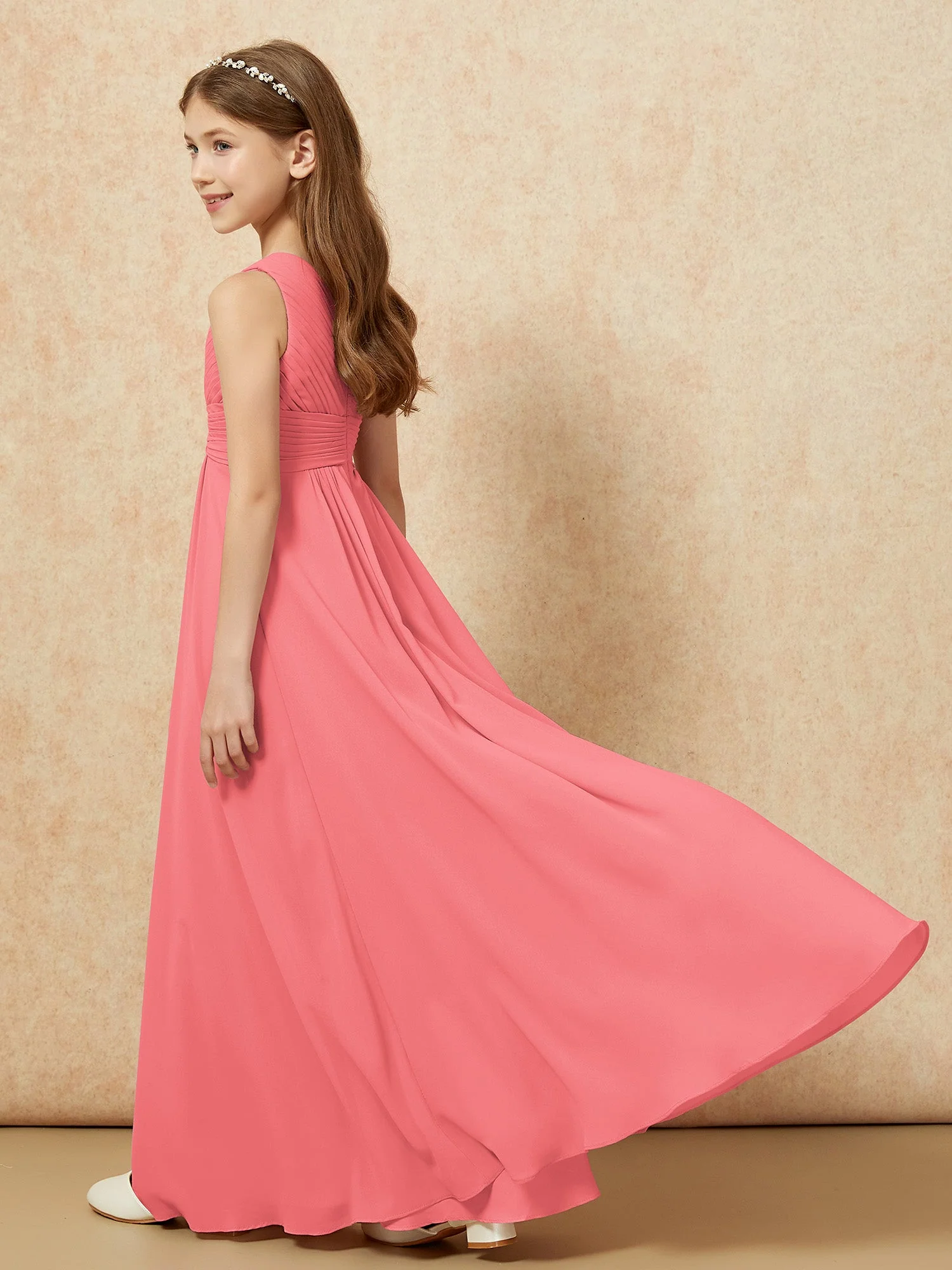 Chiffon Plissee Junge Brautjungfernkleid mit Schulterteil Wassermelone - Image 6