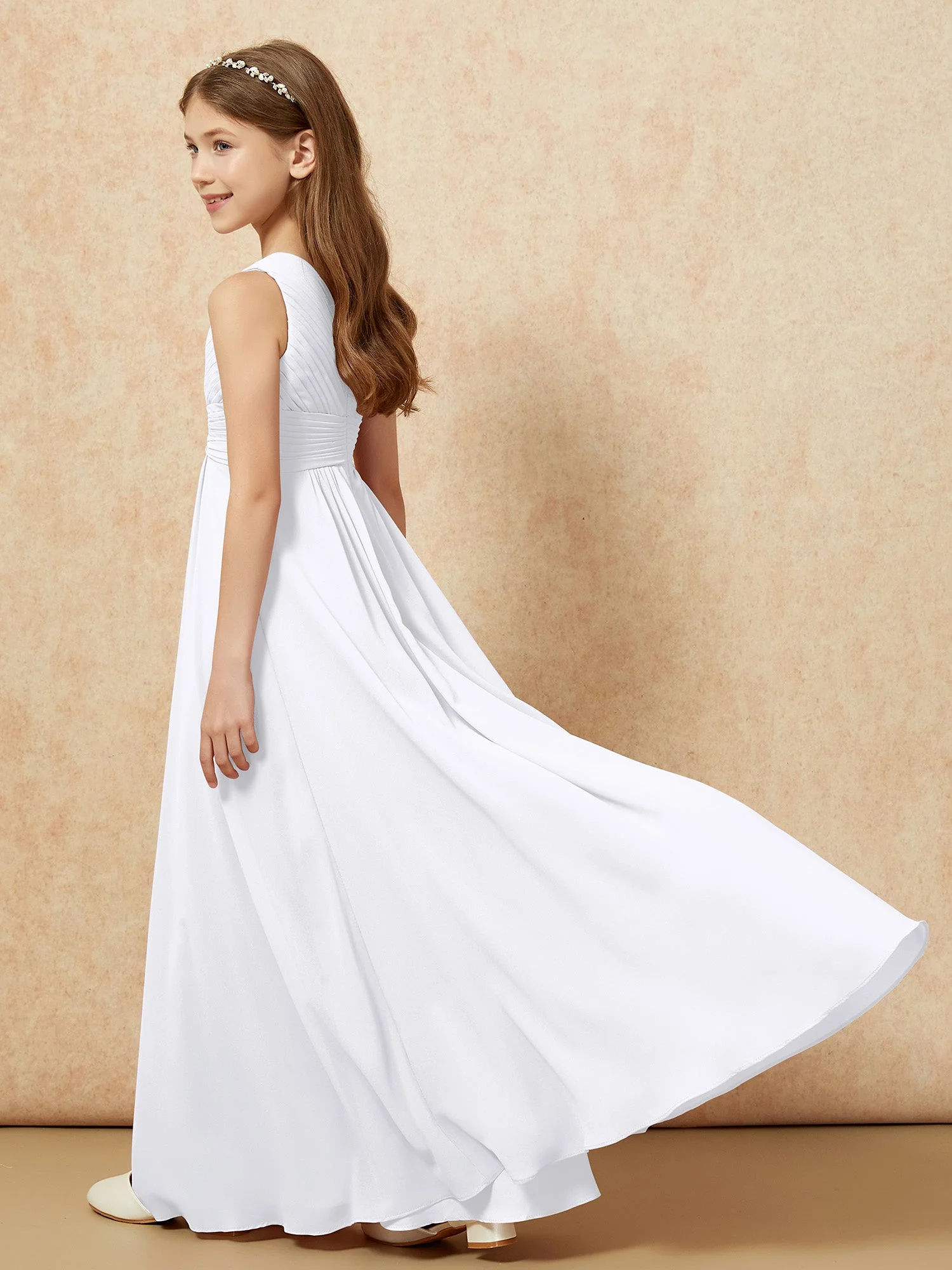 Chiffon Plissee Junge Brautjungfernkleid mit Schulterteil Weiß - Image 6