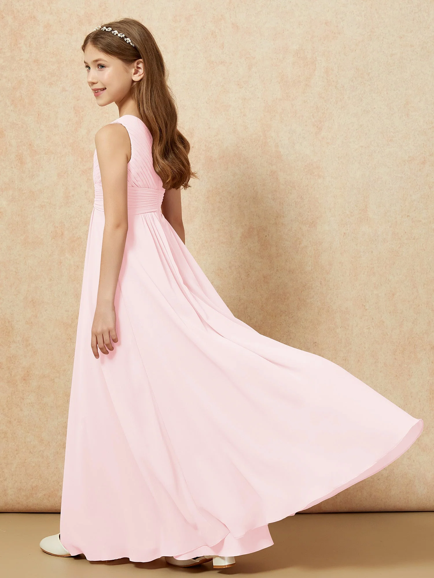 Chiffon Plissee Junge Brautjungfernkleid mit Schulterteil Zartrosa - Image 6