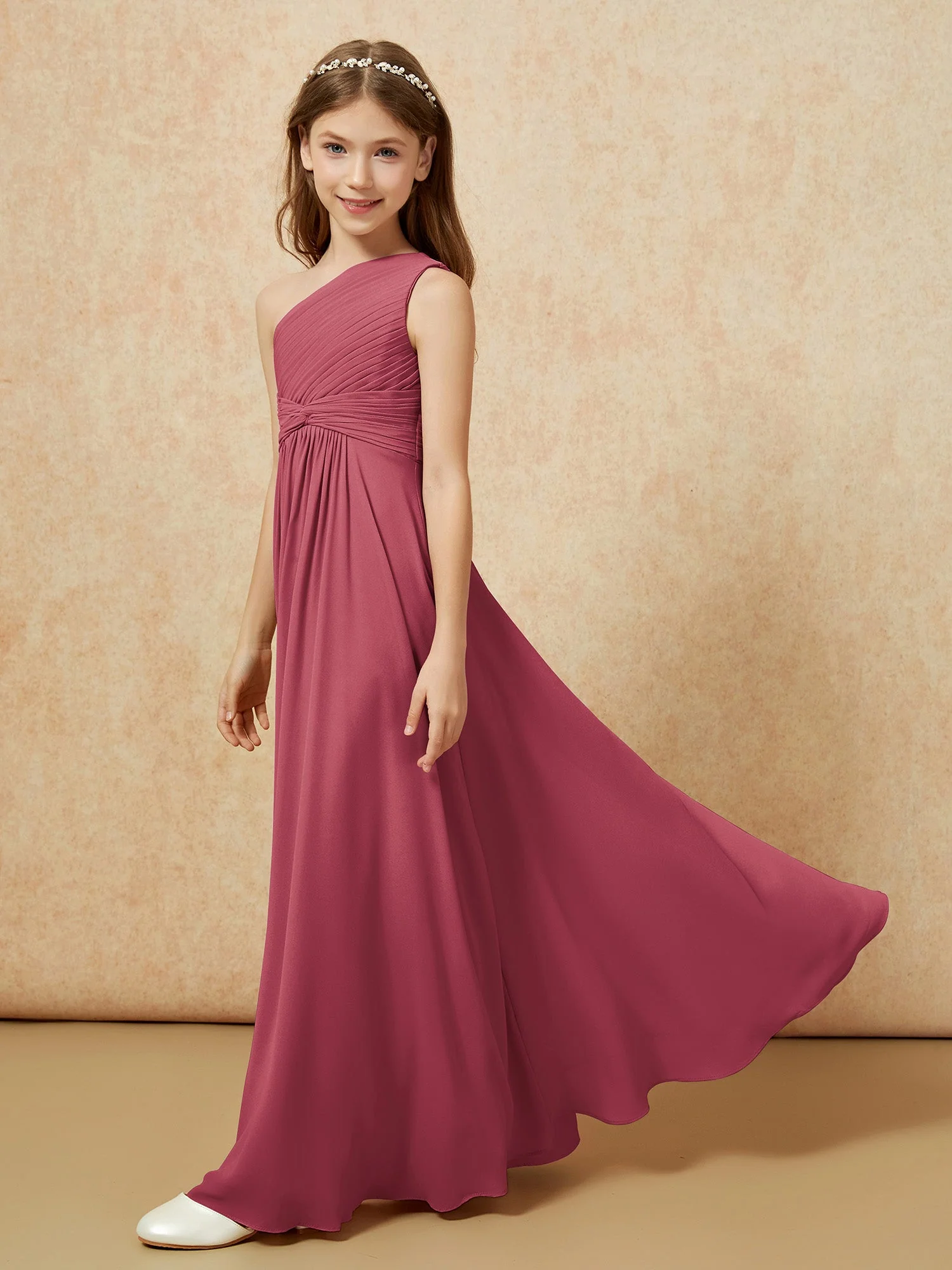 Chiffon Plissee Junge Brautjungfernkleid mit Schulterteil Zimtrose - Image 3