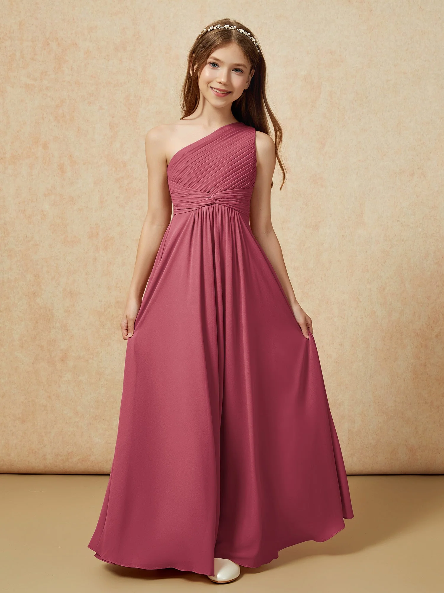 Chiffon Plissee Junge Brautjungfernkleid mit Schulterteil Zimtrose - Image 4