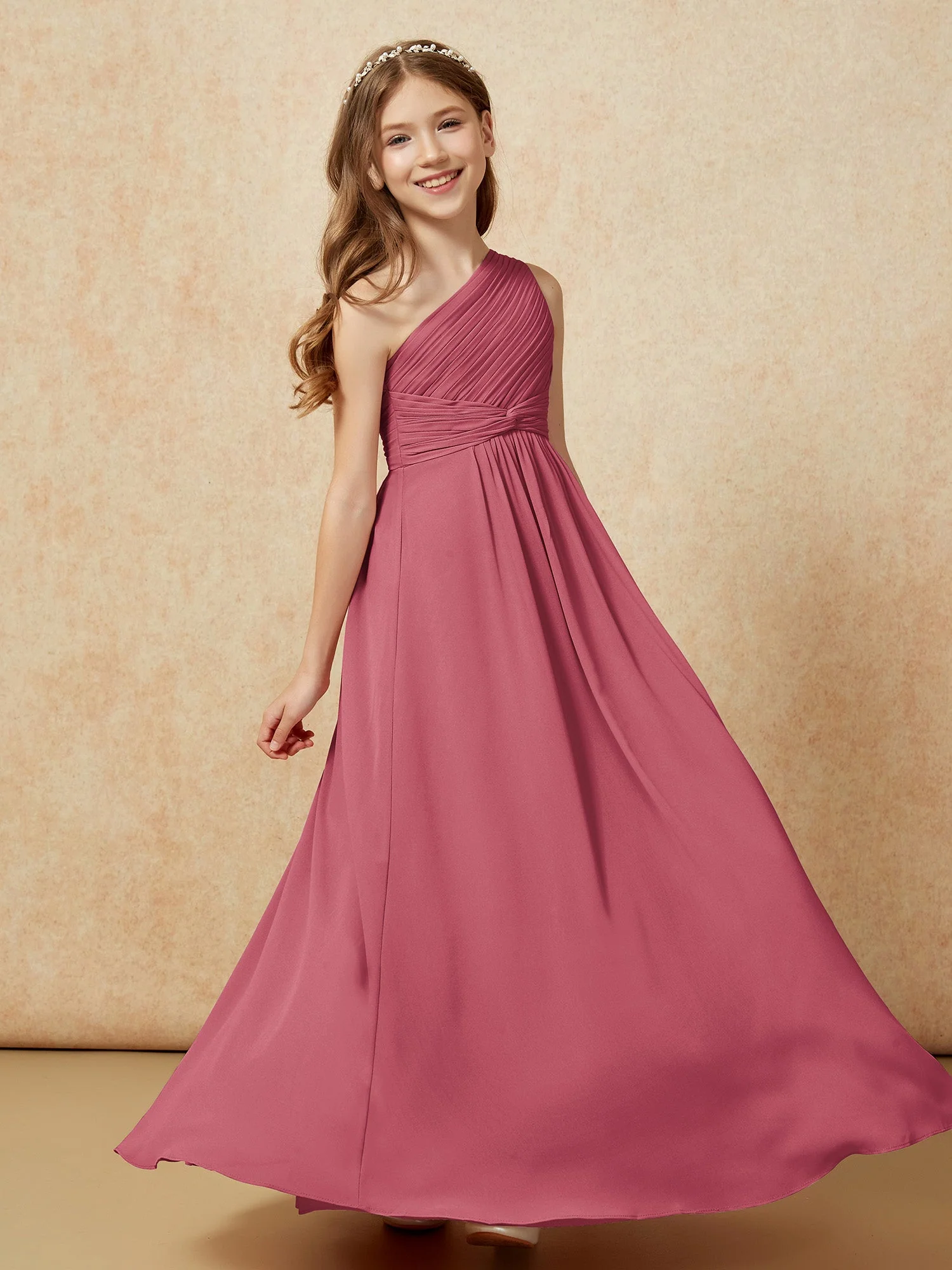 Chiffon Plissee Junge Brautjungfernkleid mit Schulterteil Zimtrose - Image 5