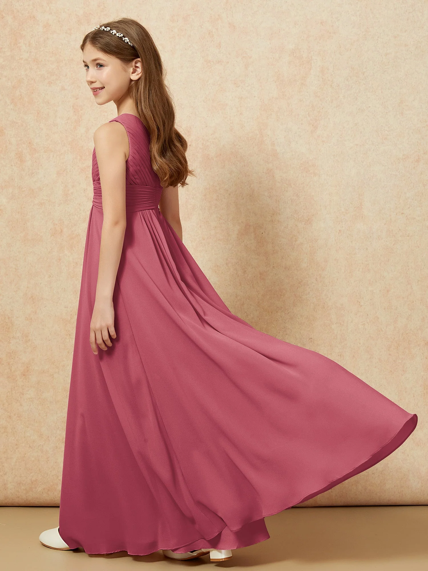 Chiffon Plissee Junge Brautjungfernkleid mit Schulterteil Zimtrose - Image 6