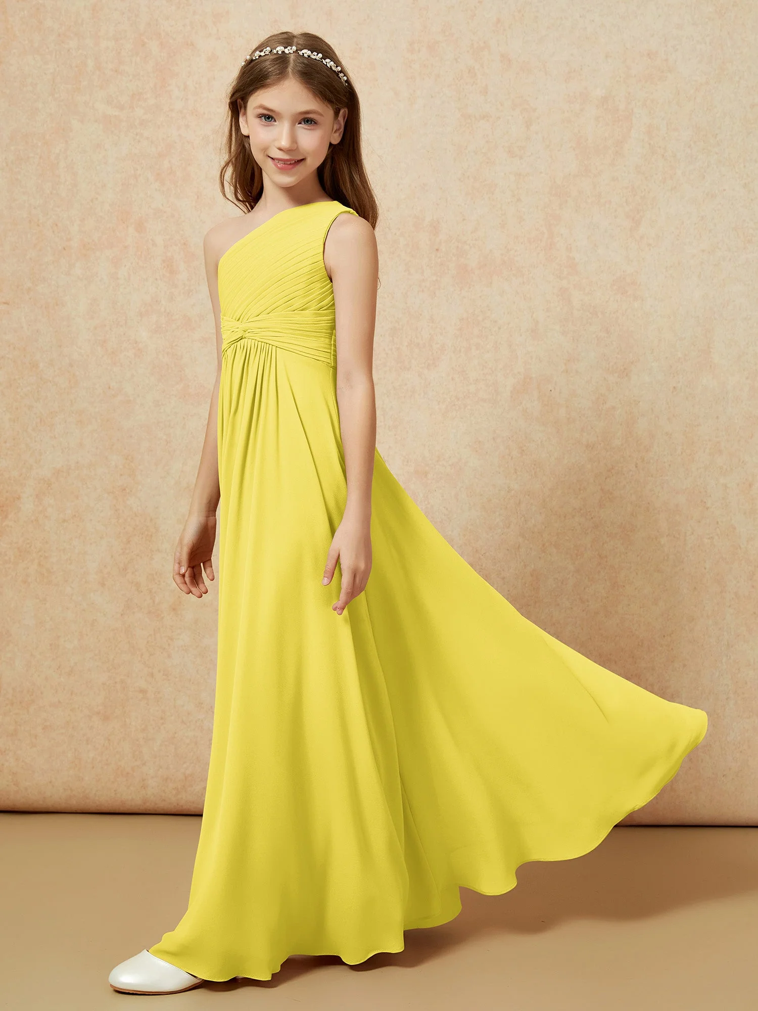 Chiffon Plissee Junge Brautjungfernkleid mit Schulterteil Zitrone - Image 3