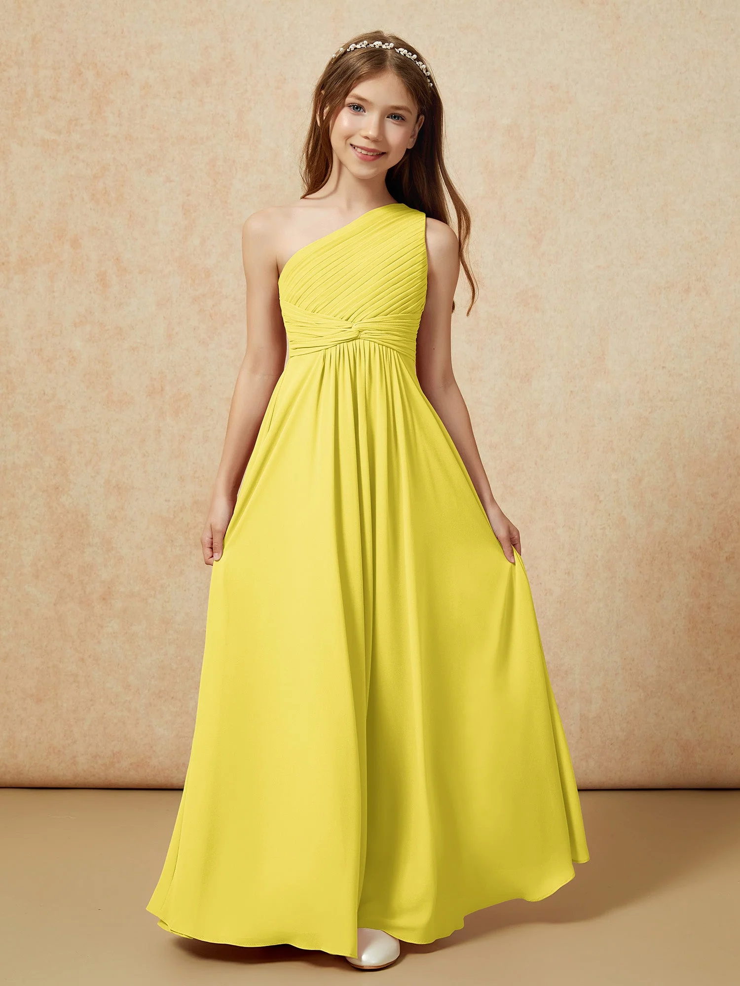 Chiffon Plissee Junge Brautjungfernkleid mit Schulterteil Zitrone - Image 4