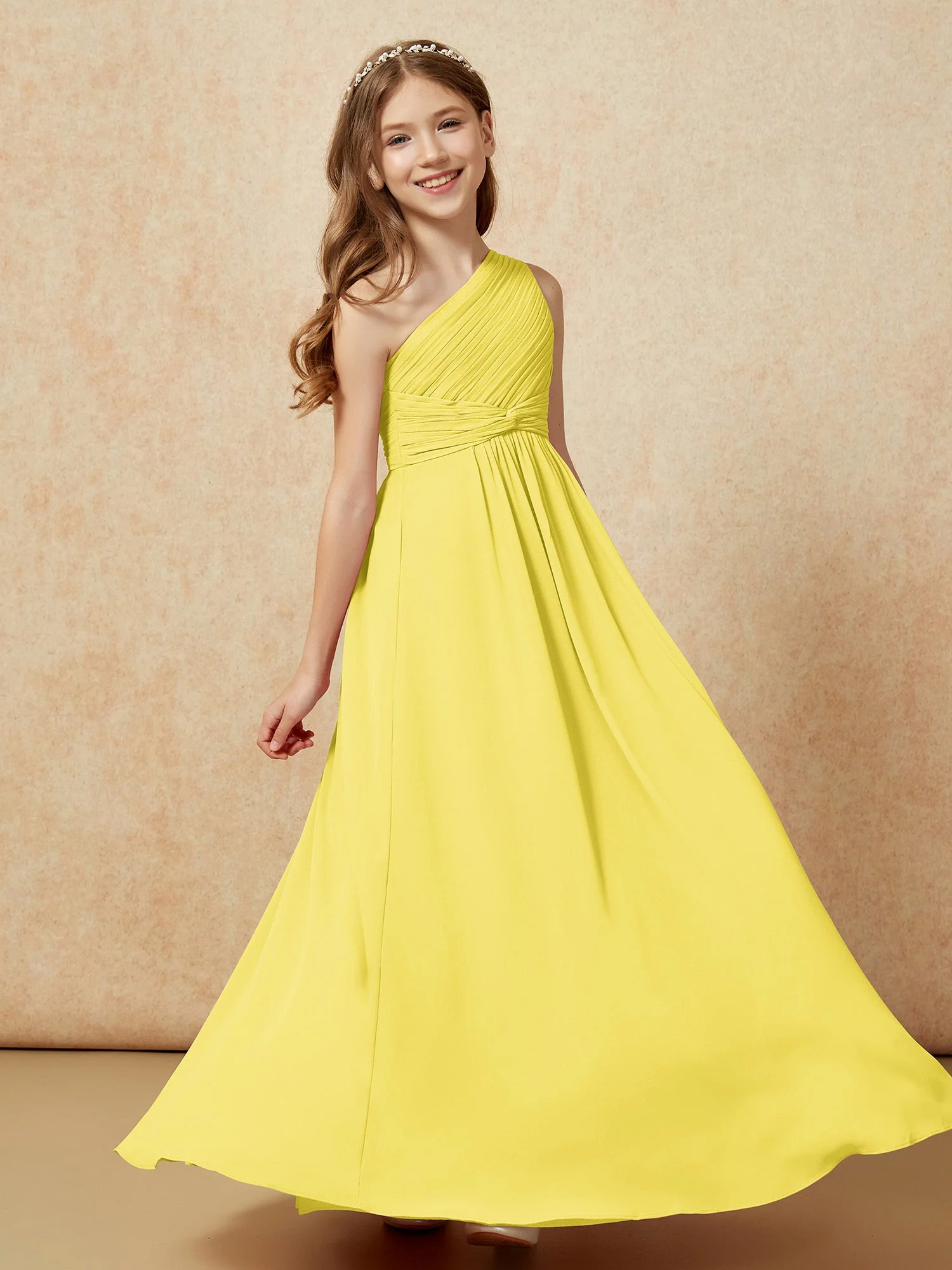 Chiffon Plissee Junge Brautjungfernkleid mit Schulterteil Zitrone - Image 5
