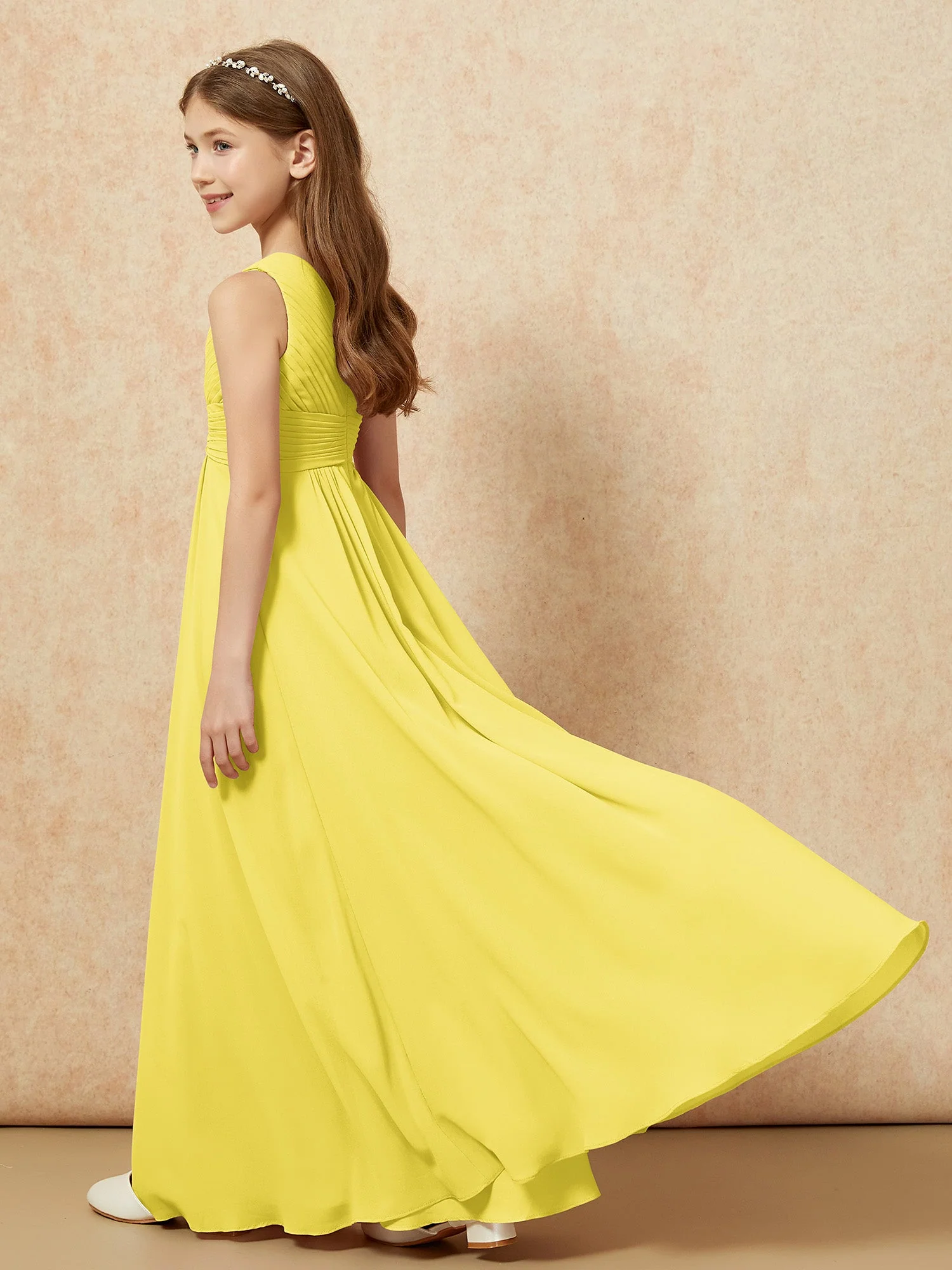 Chiffon Plissee Junge Brautjungfernkleid mit Schulterteil Zitrone - Image 6