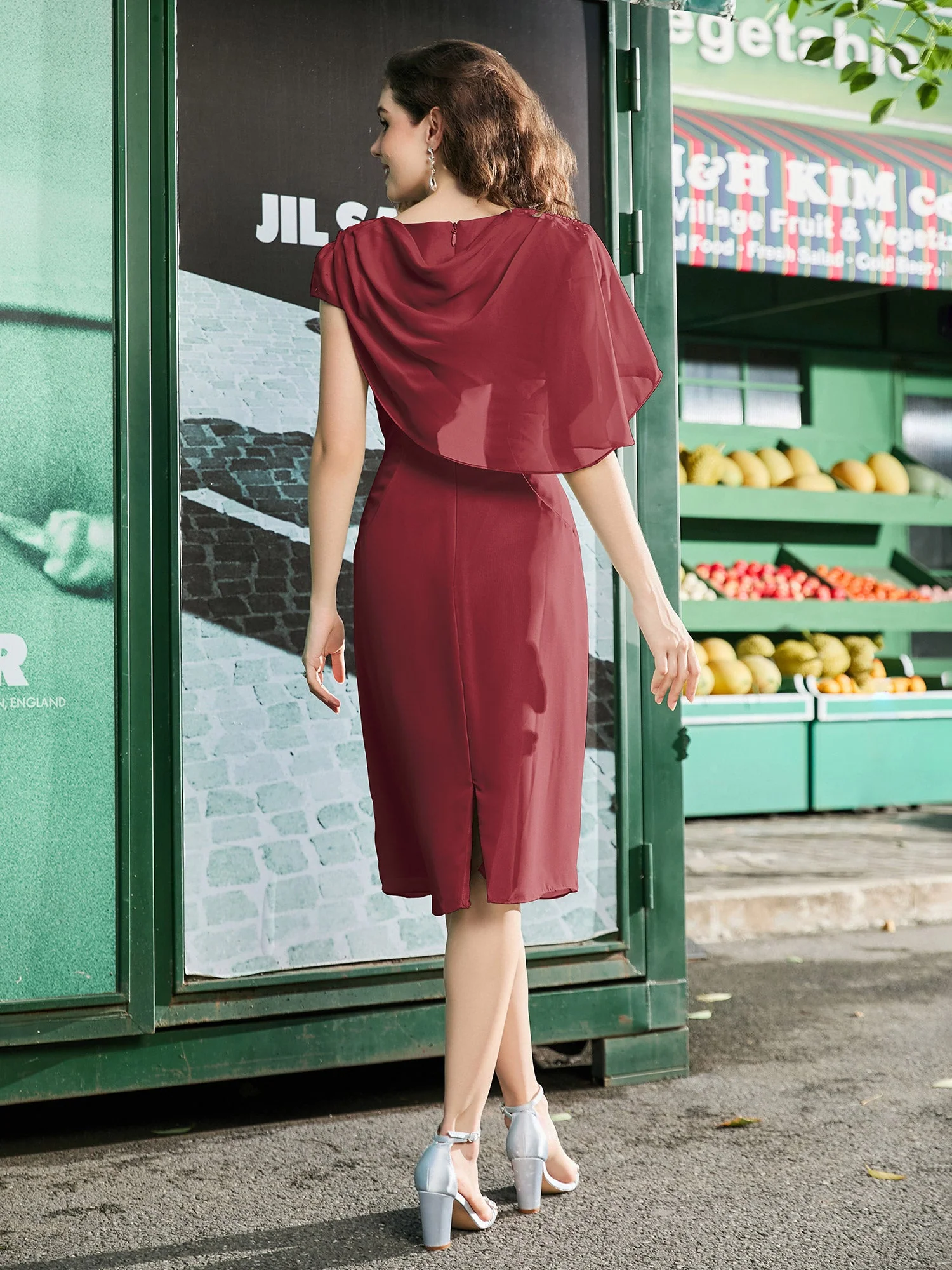 Chiffon-Sheathkleid mit Cap-Ärmeln und dekorativem Kragen Zimtrose - Image 2
