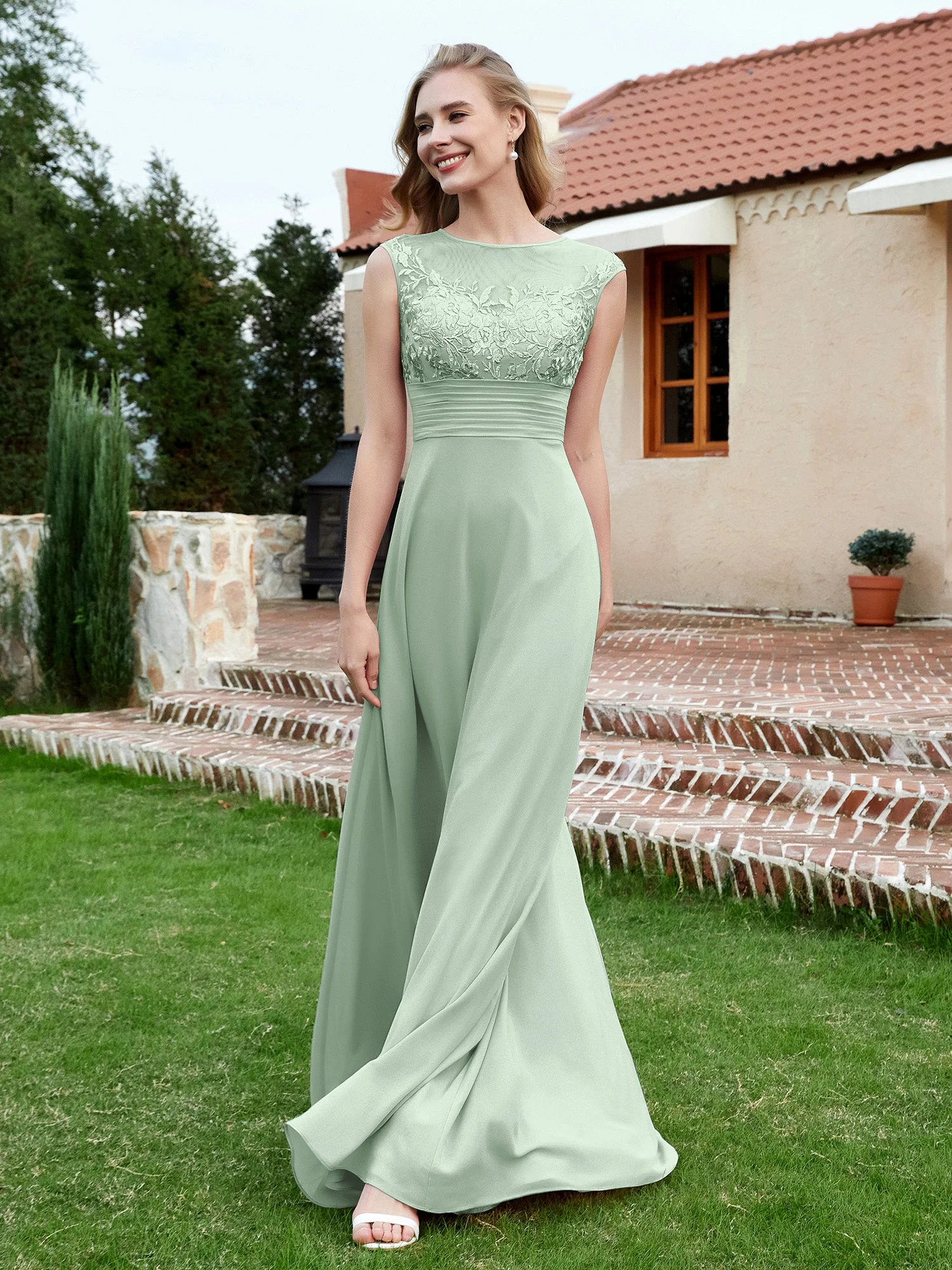 Chiffon und Spitze Bodenlang A-Linie Kleid Agavengrün