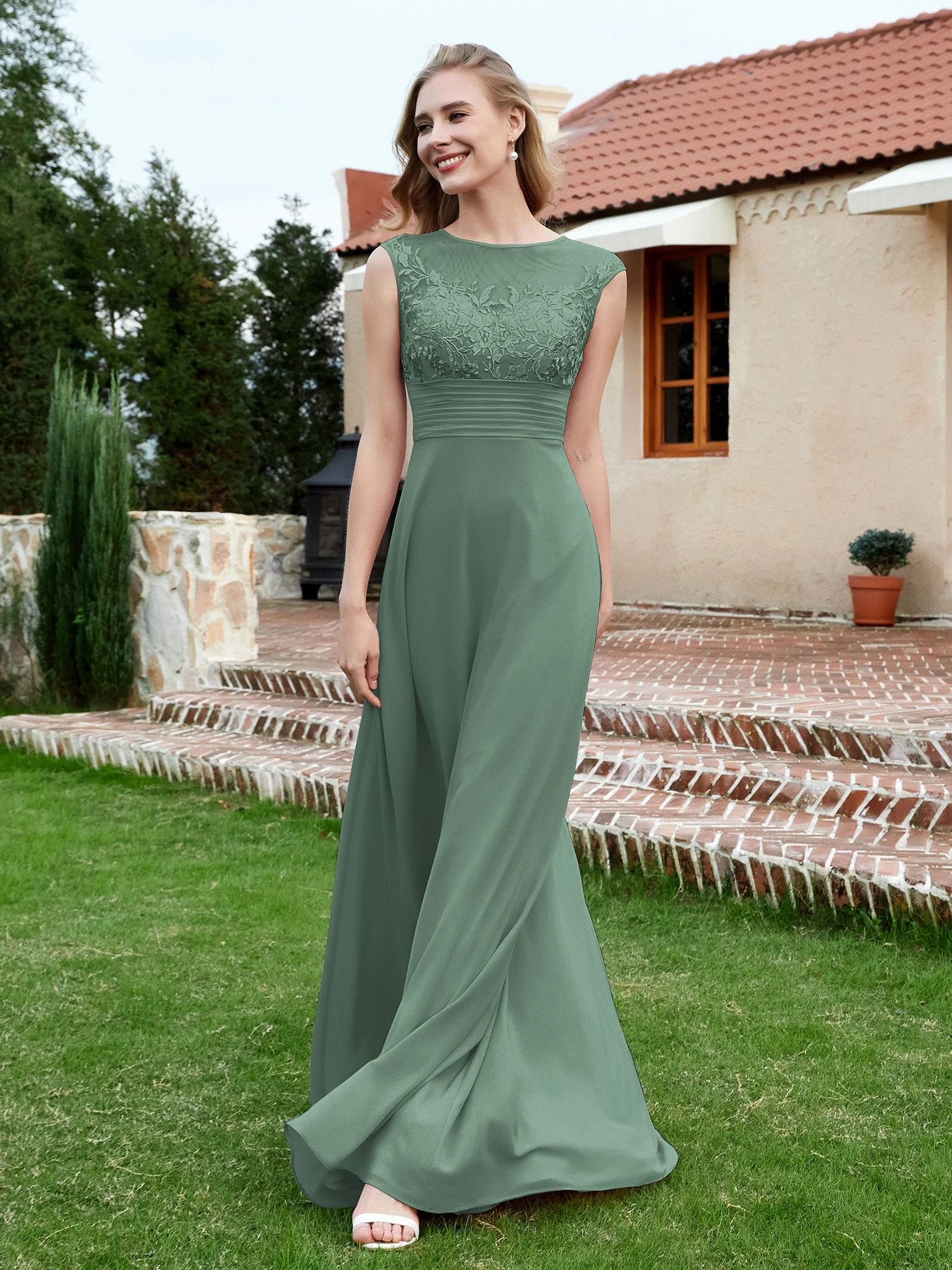 Chiffon und Spitze Bodenlang A-Linie Kleid Eukalyptus