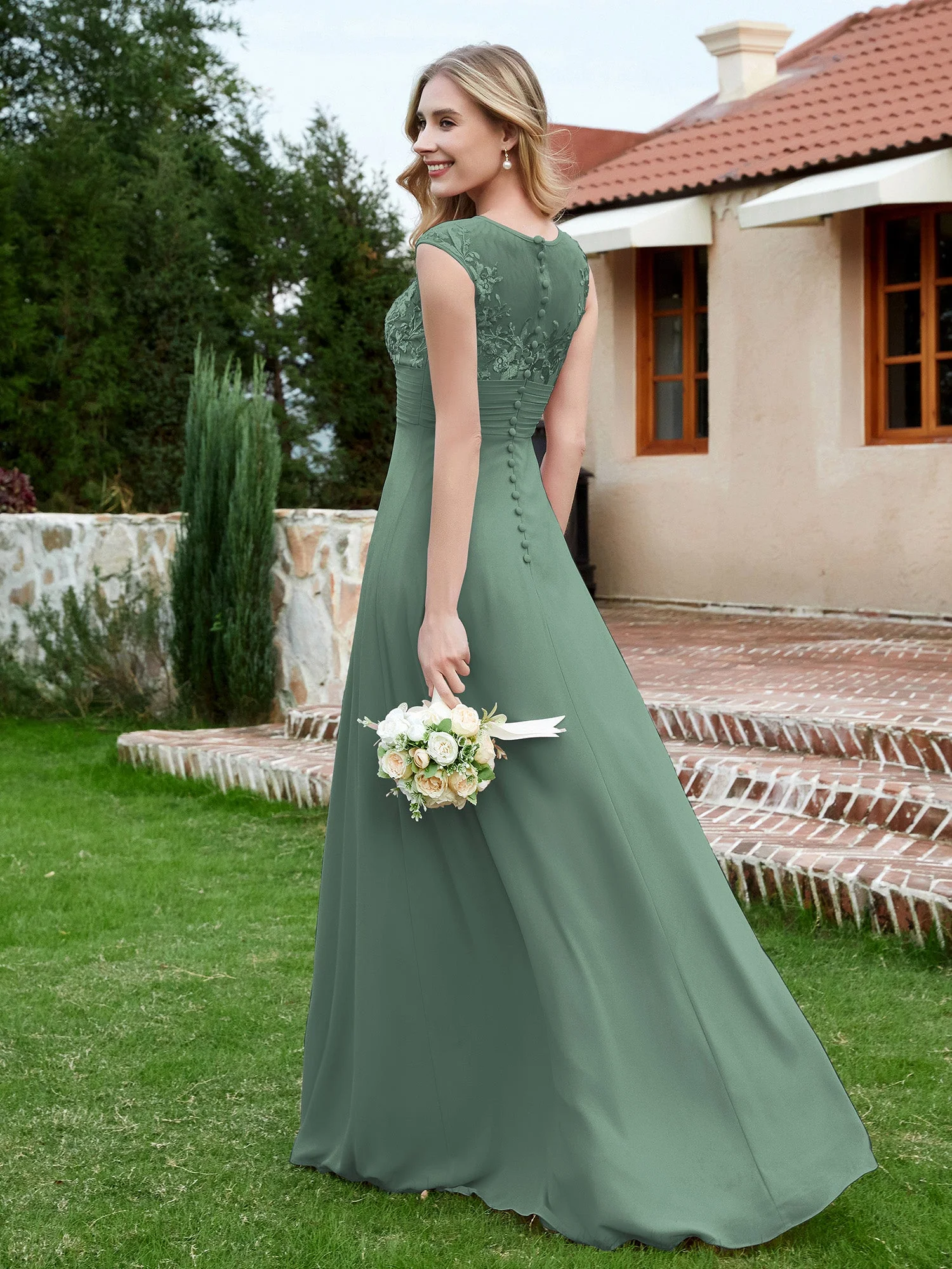 Chiffon und Spitze Bodenlang A-Linie Kleid Eukalyptus - Image 2