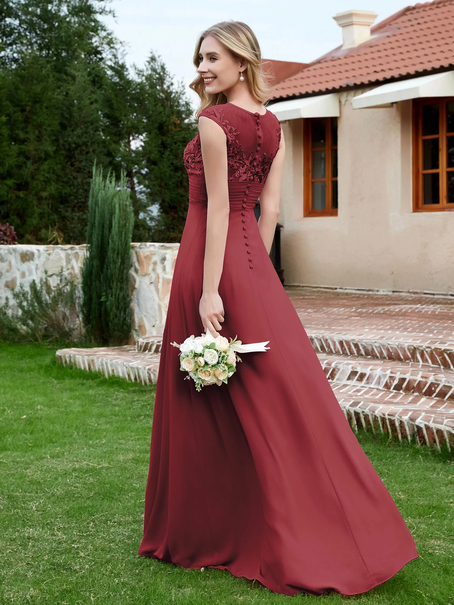 Chiffon und Spitze Bodenlang A-Linie Kleid Zimtrose - Image 2