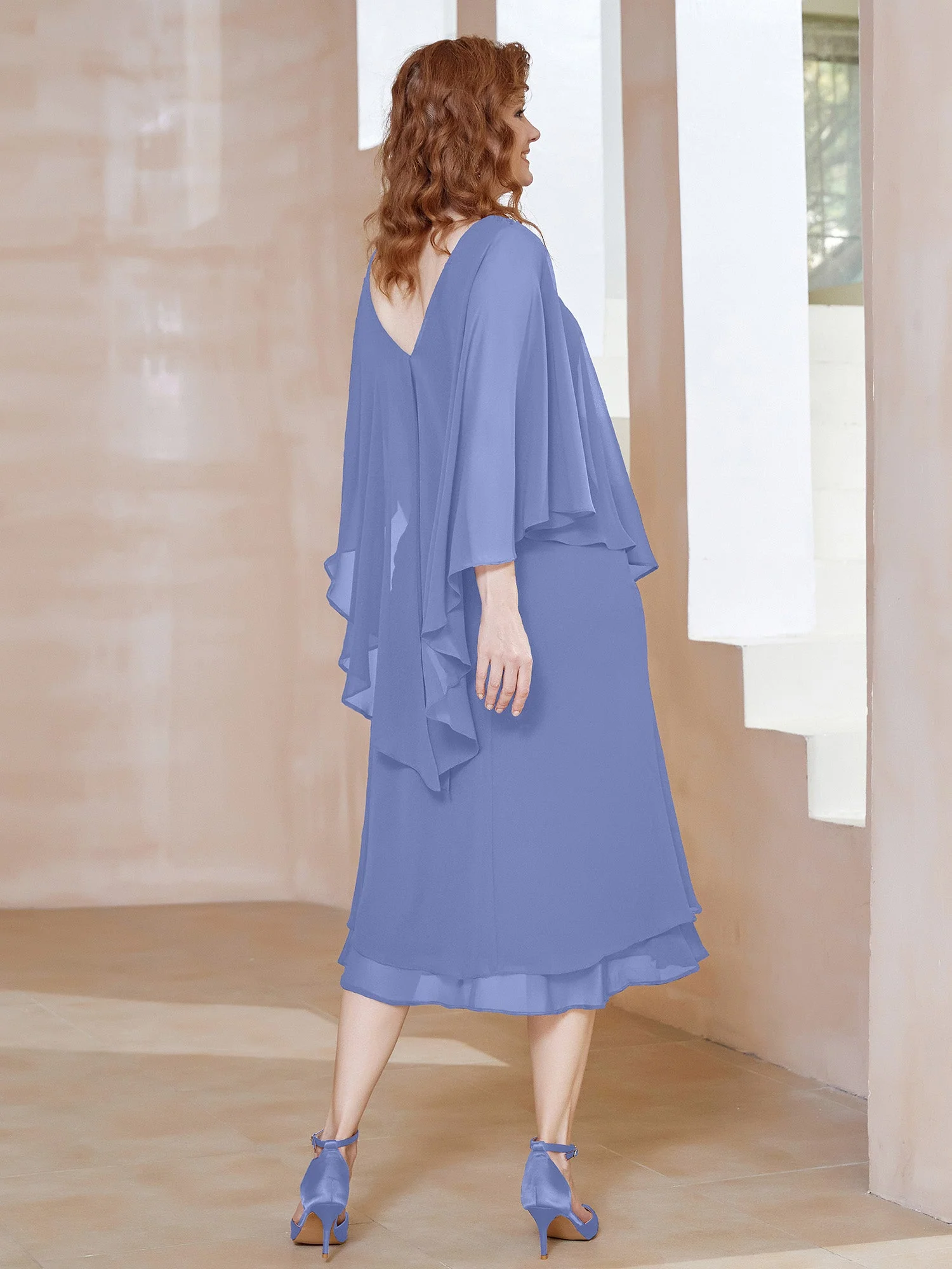 Chiffon V-Ausschnitt Flatterärmel Kleid Periwinkleblau - Image 2